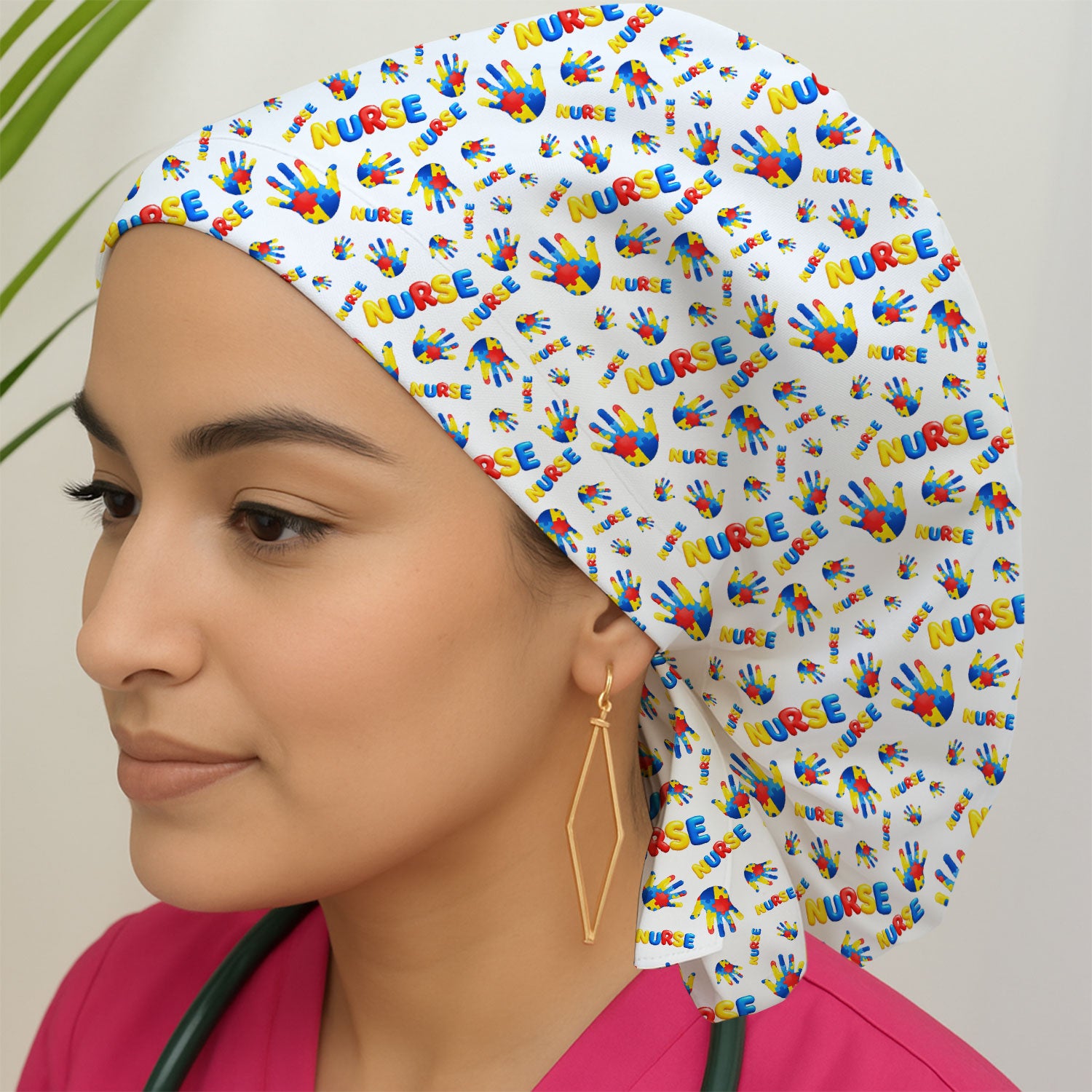 Colorful Autism Handprint Nurse Pattern Cap, Bouffant Scrub Caps for Women