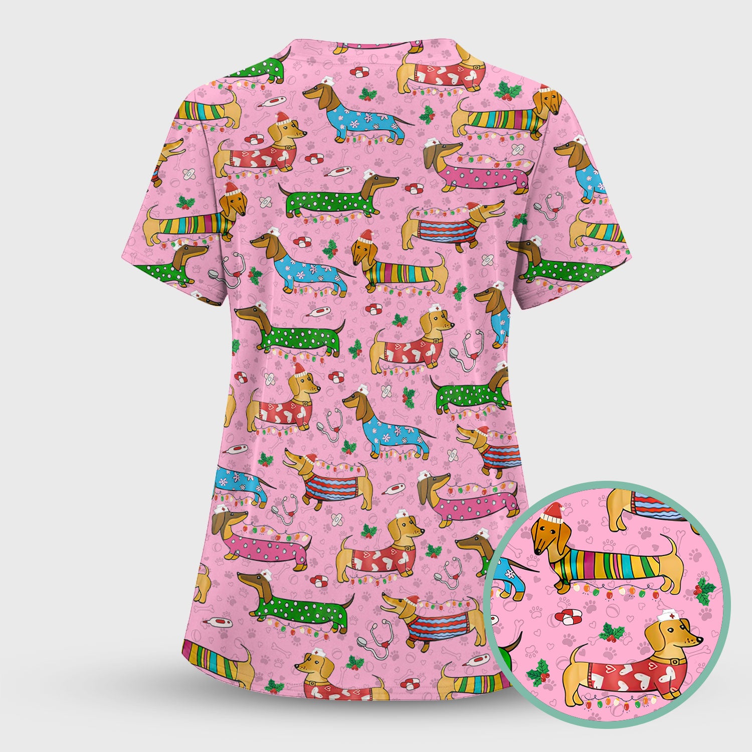 Christmas Dachshund Nurse Scrub Top - Cute Wiener Dog in Holiday Outfit - Funny Medical Shirt Gift for Women RN LPN CNA