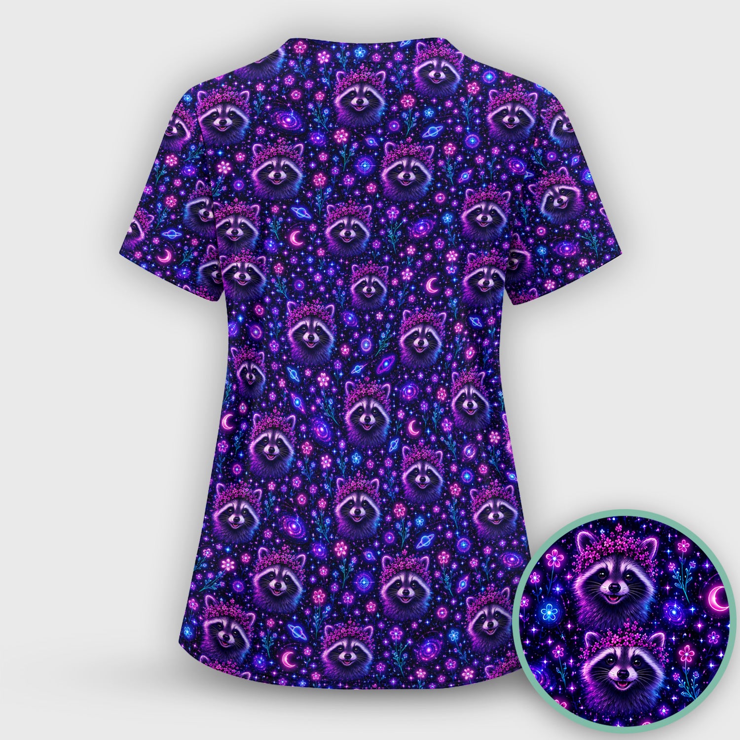 Galaxy Raccoon Nurse Pattern Scrub Top, Comfortable Scrubs for Nurses