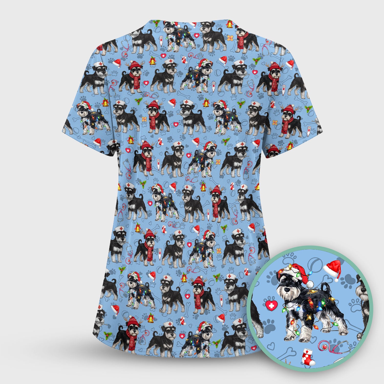 Christmas Schnauzer Scrubs for Nurses - Cute Dog Holiday Scrub Top - Funny Santa Nursing Medical Shirt for Women