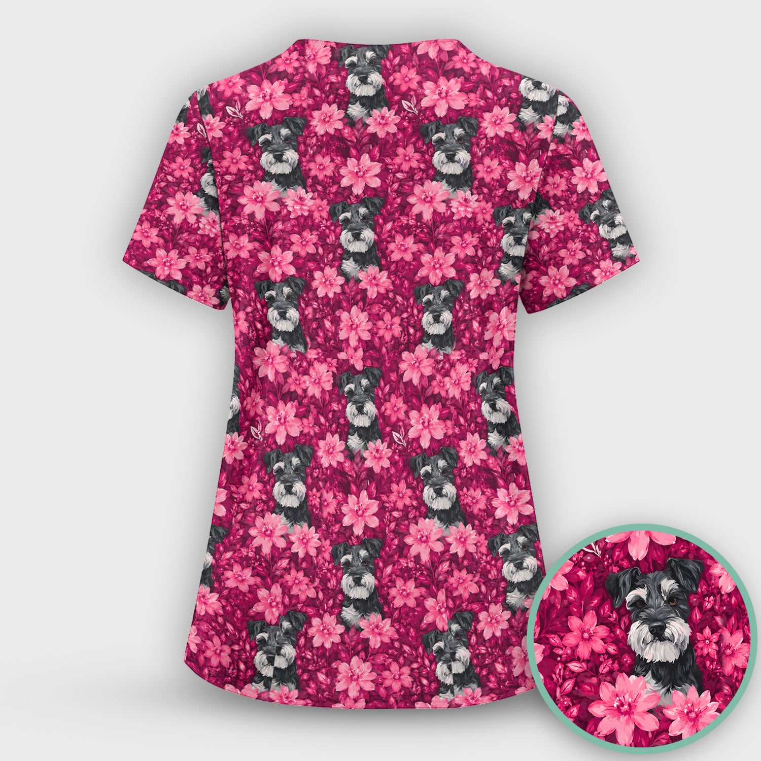 Pink Floral Schnauzer Pattern Scrub Top, Comfortable Scrubs for Nurses
