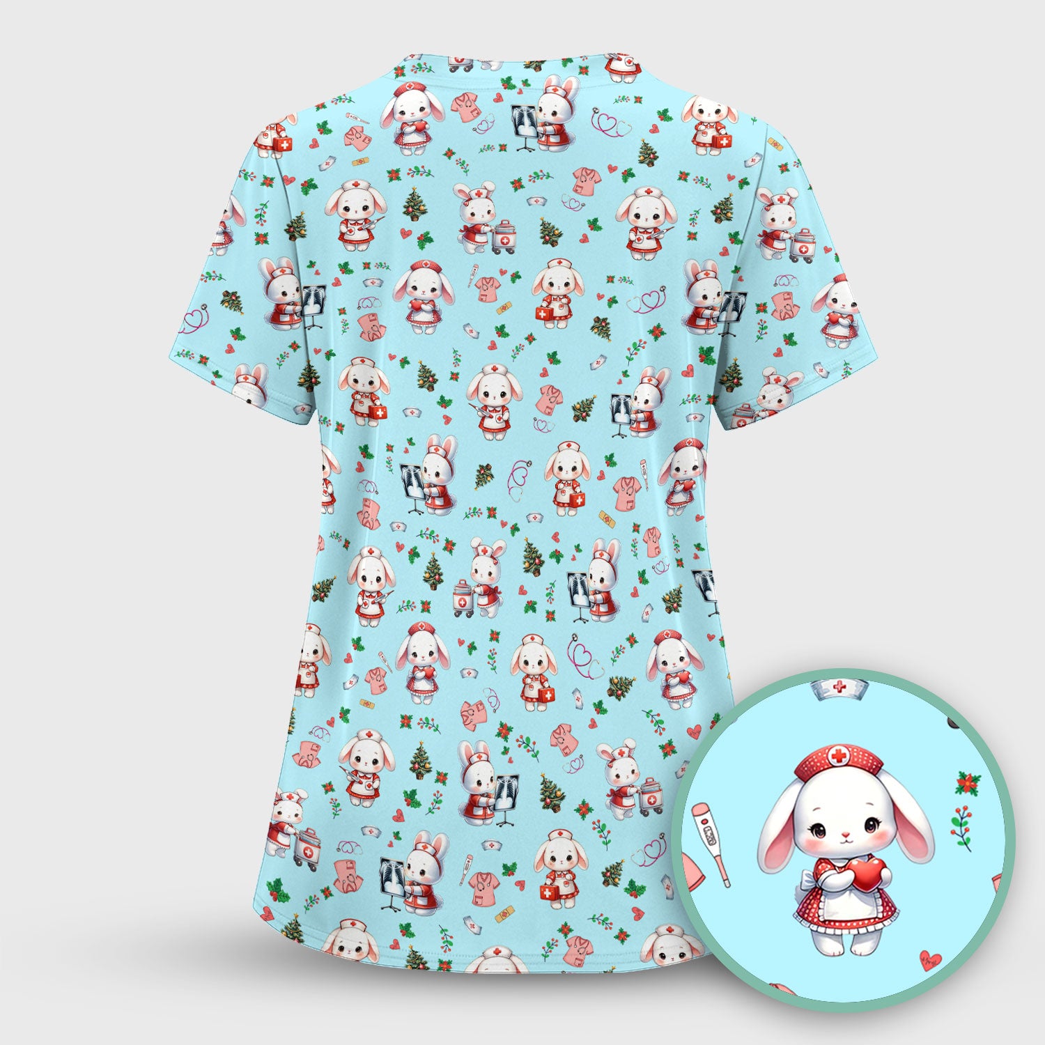 Cute Bunny Scrub Top for Nurse - Adorable Christmas Rabbit Shirt - Funny Holiday Medical Shirt Gift for Women RN LPN CNA