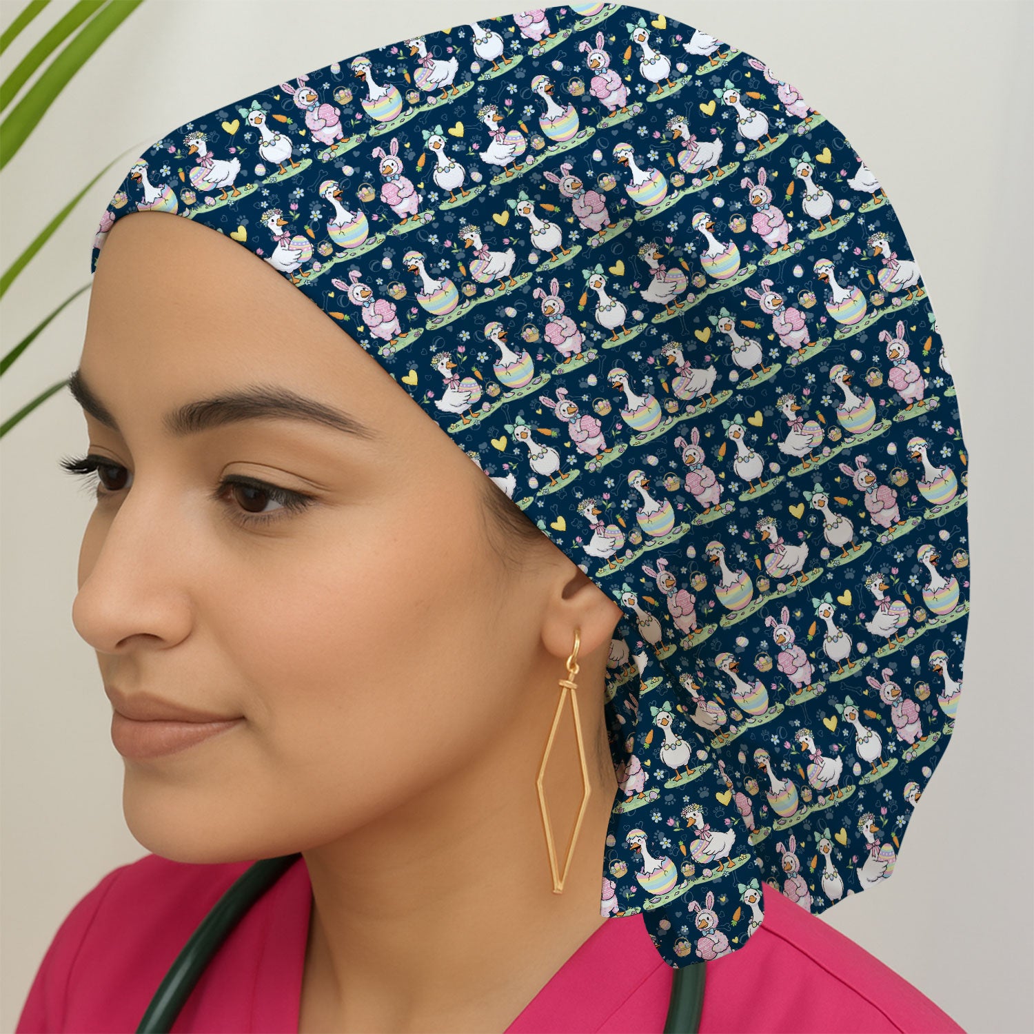 Cute Easter Goose Pattern Bouffant Cap, Breathable Fabrics Caps Uniform