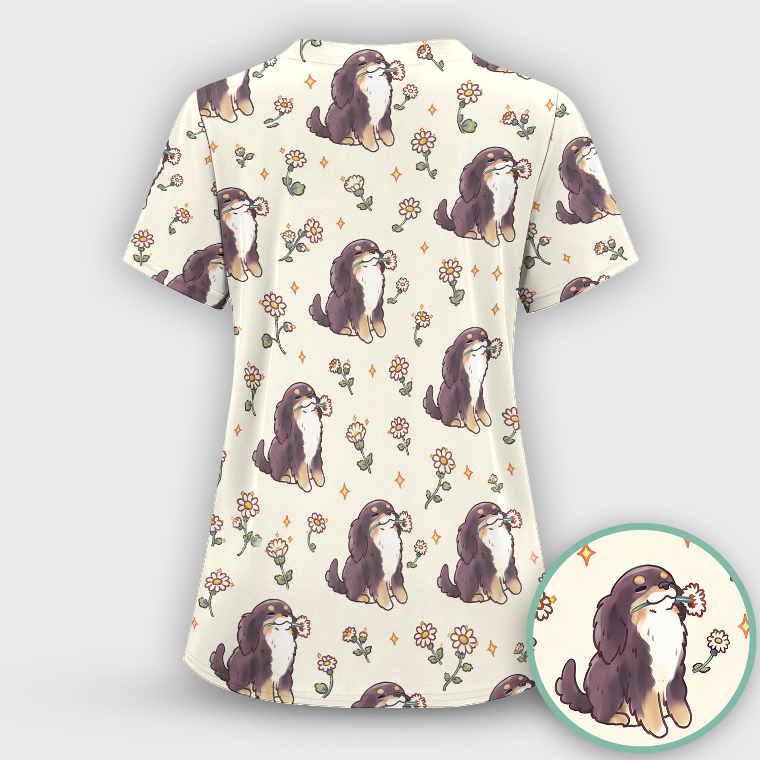Cute Floral Otter Holding Daisy Pattern Scrub Top, Comfortable Scrubs for Nurses