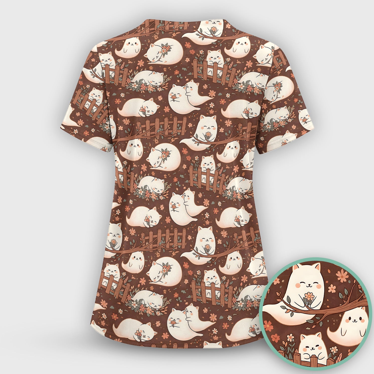 Floral Cat with Garden Fence Print Scrub Set, Scrub Pants and V Neck Top