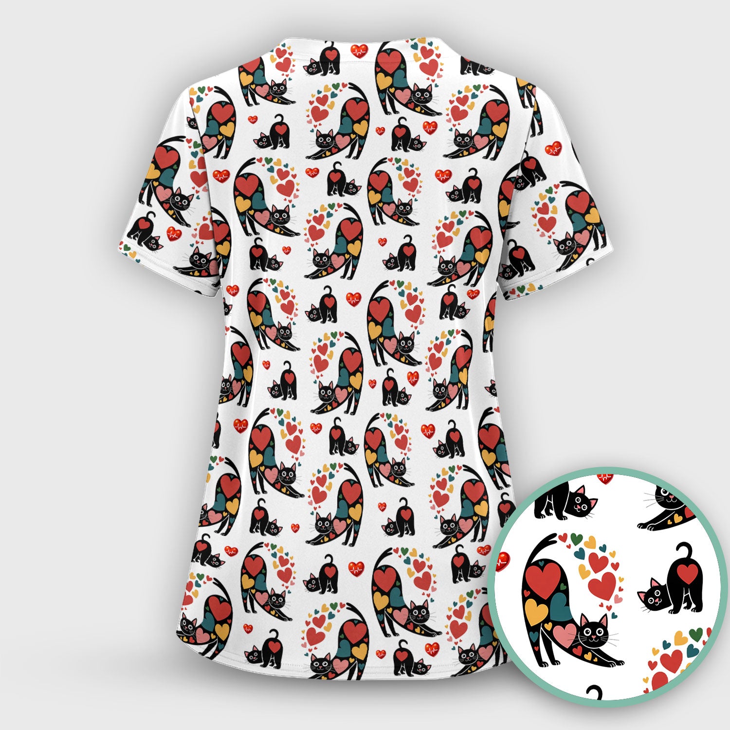 Playful Cat Valentine Heart Print Nurse Scrub Top, Comfortable Scrubs for Nurses