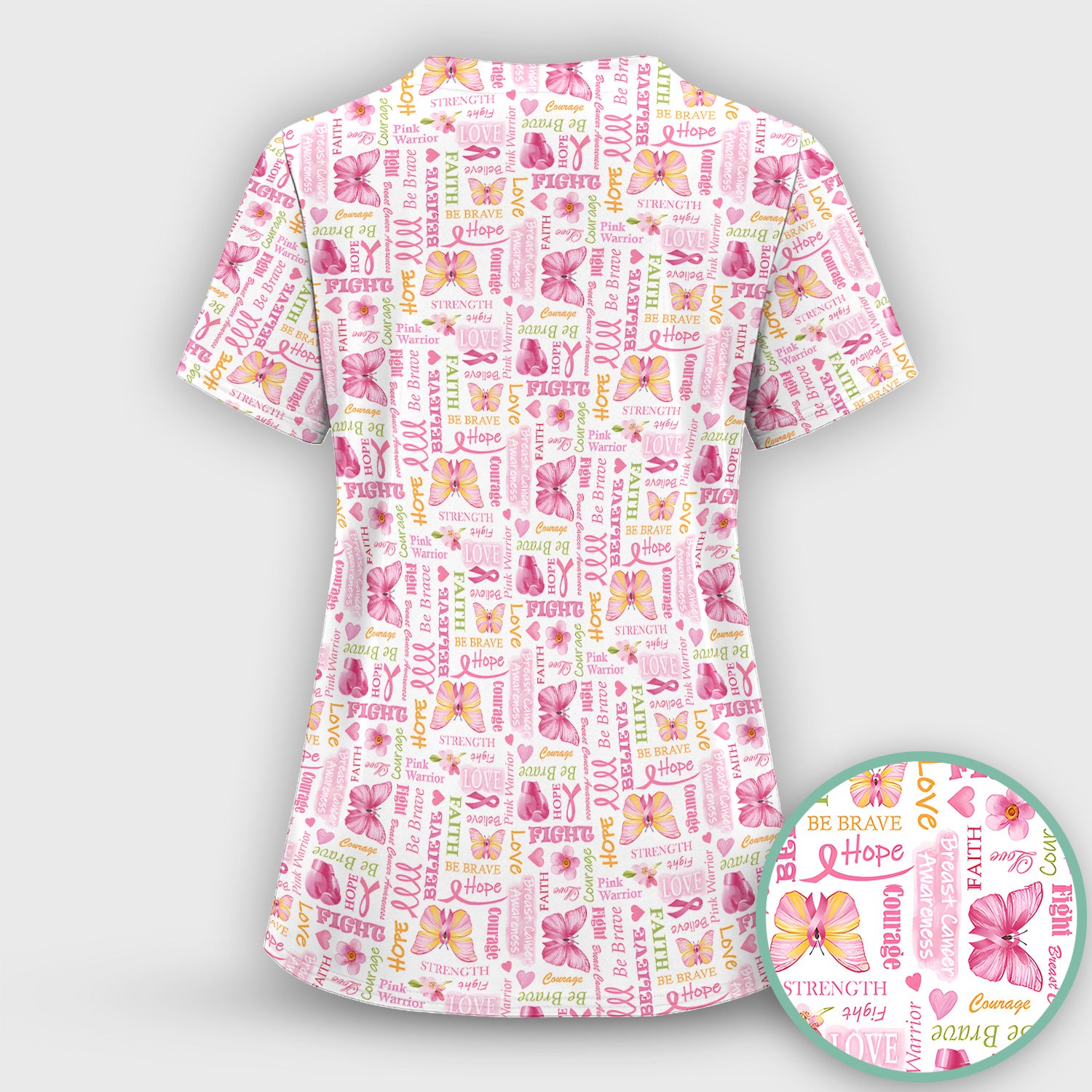 Pink Ribbon Butterfly Print Scrub Top, Comfortable Scrubs for Nurses