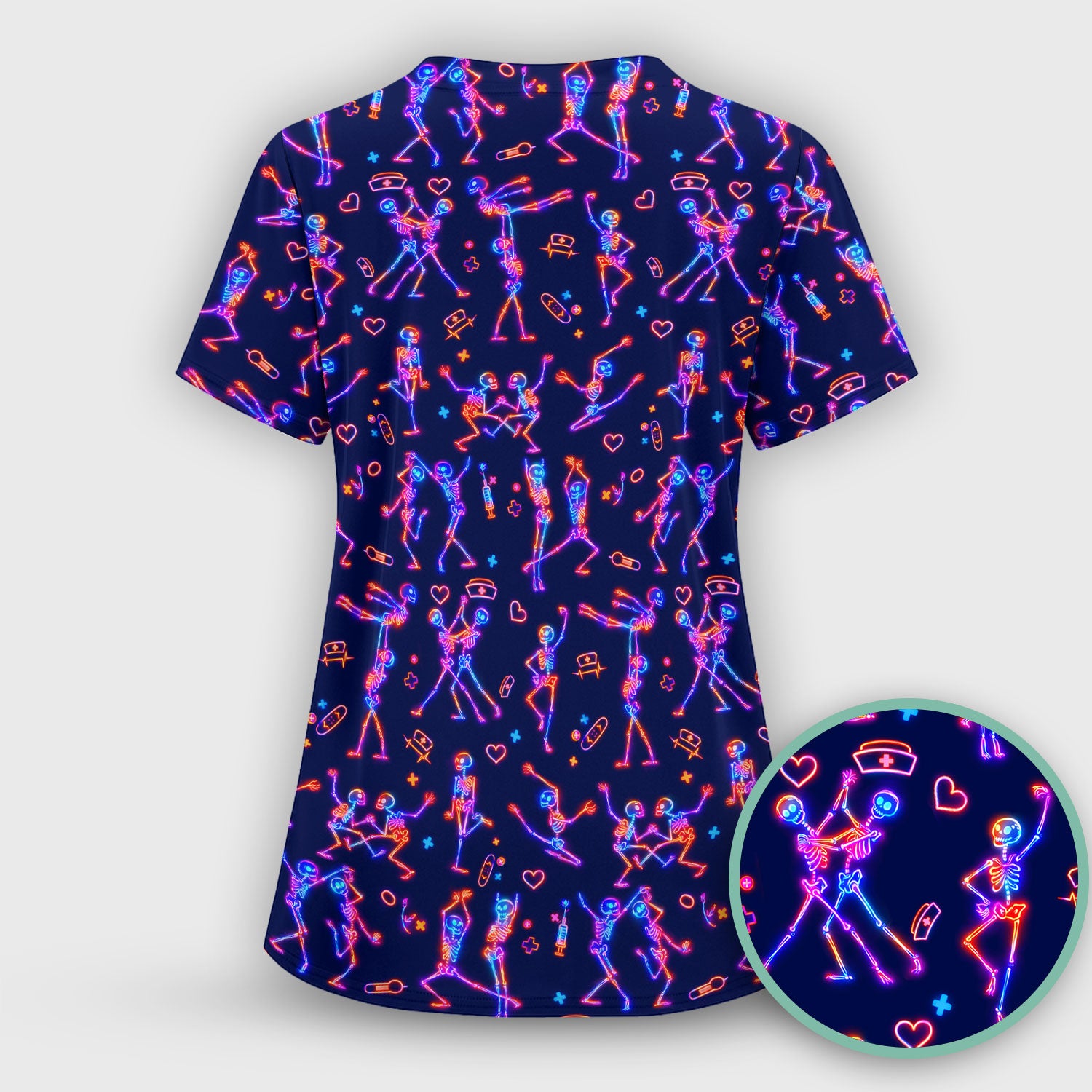 Neon Dancing Skeleton Medical Pattern Scrub Top, Comfortable Scrubs for Nurses