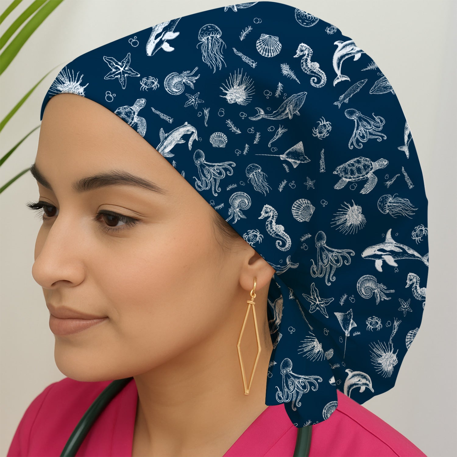 Marine Sea Life Pattern Cap, Bouffant Scrub Caps for Women