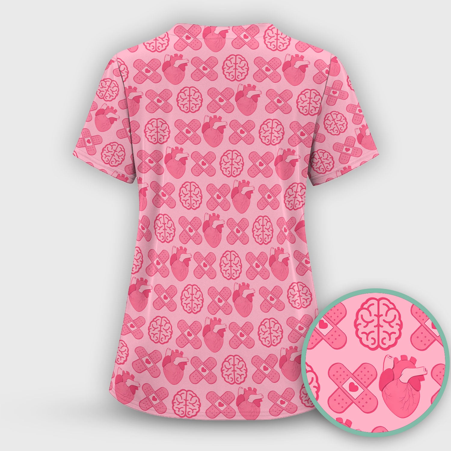 Heart & Brain Medical Icon Pattern Scrub Set, Scrub Pants and V Neck Top
