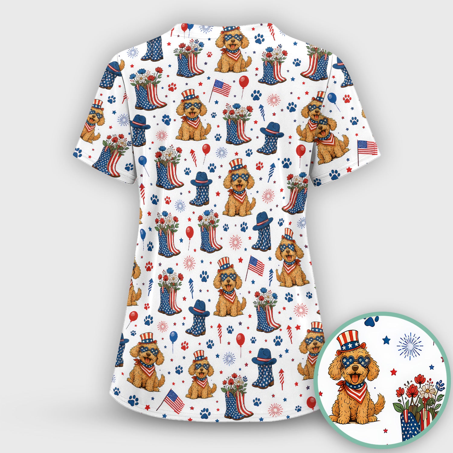 Patriotic Puppy Cowboy Boots Pattern Scrub Set, Scrub Pants and V Neck Top