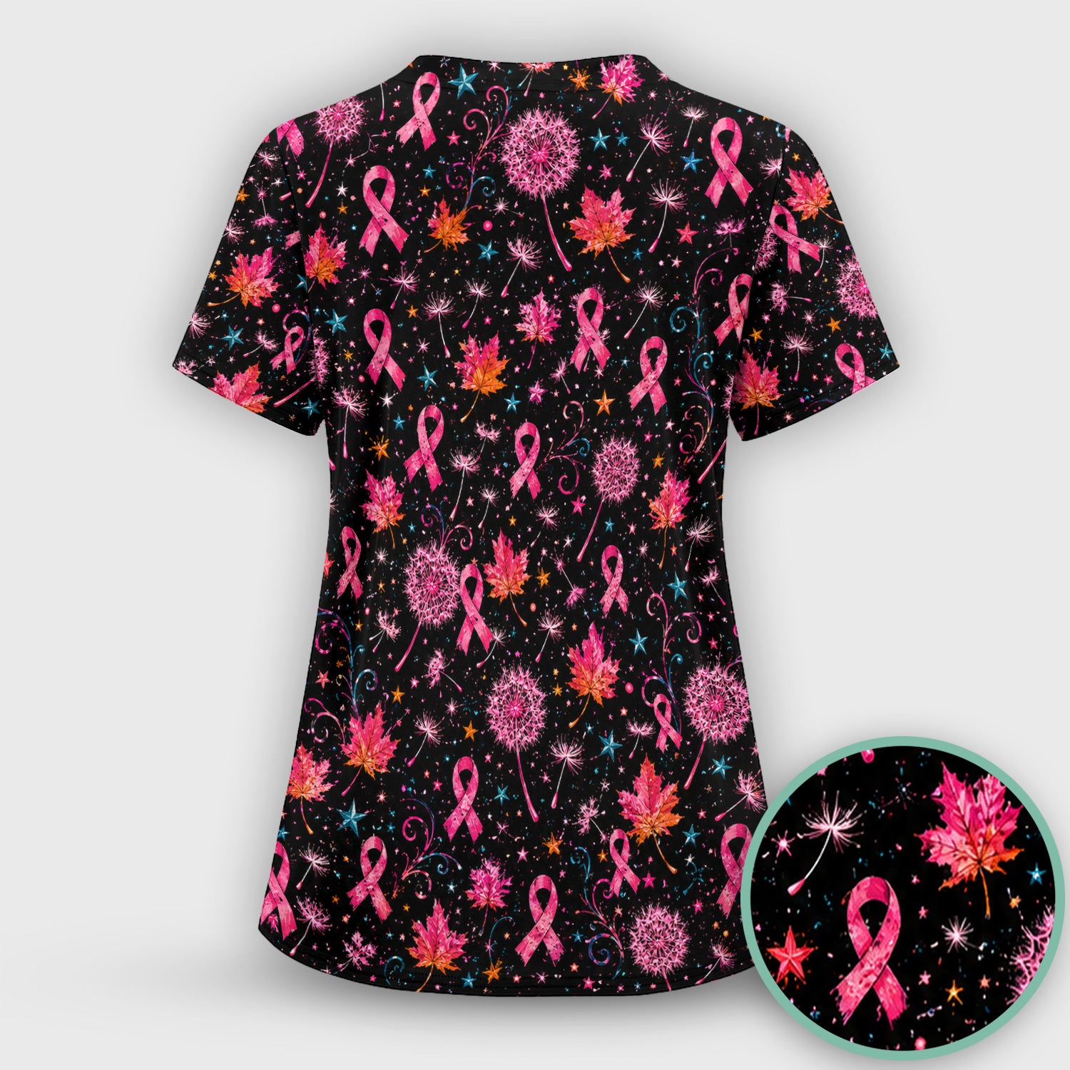 Breast Cancer Awareness Pink Ribbon Fall Scrub Set, Scrub Pants and V Neck Top
