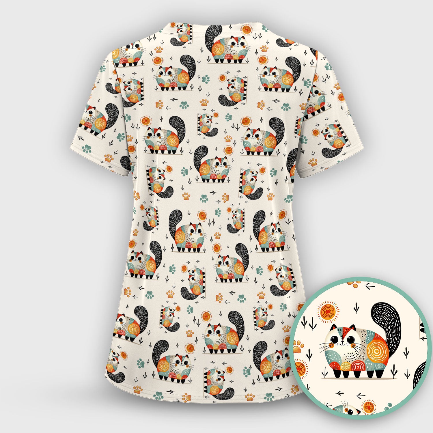 Playful Cat Illustration Nurse Scrub Top, Comfortable Scrubs for Nurses