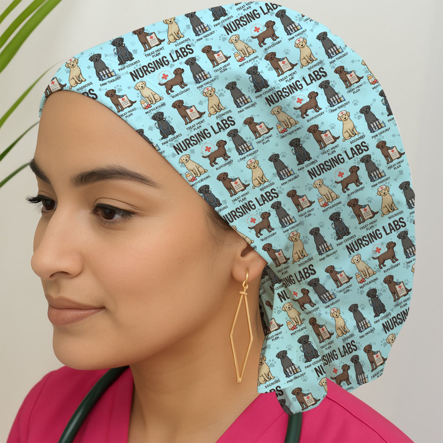 Playful Nursing Labs Dog Pattern Cap, Bouffant Scrub Caps for Women