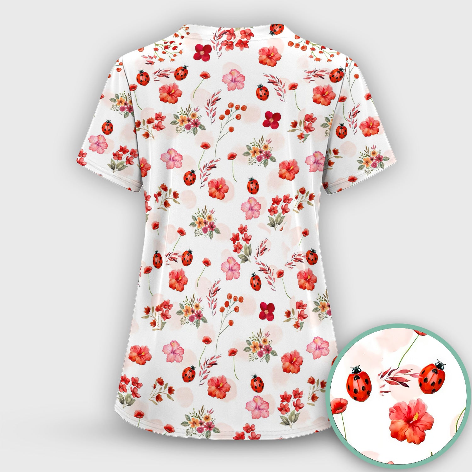 Red Ladybug Floral Garden Pattern Scrub Top, Comfortable Scrubs for Nurses