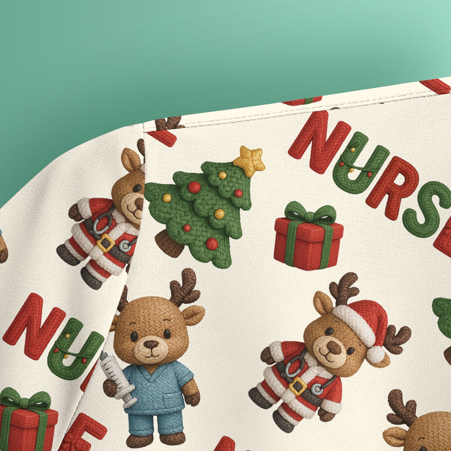 Reindeer Christmas Scrub Top, Cute Holiday Nurse Scrub Shirt, Festive Pattern Nursing Uniform