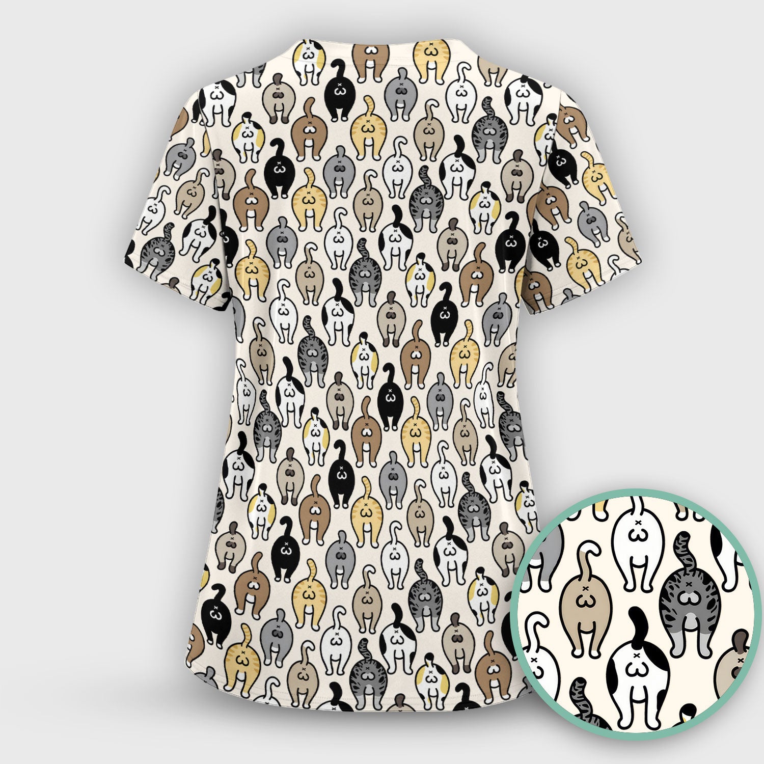 Cat Lover Nurse Scrub Set, Funny Cat Butt Pattern Medical Shirt, Breathable Fabrics Nursing Uniform