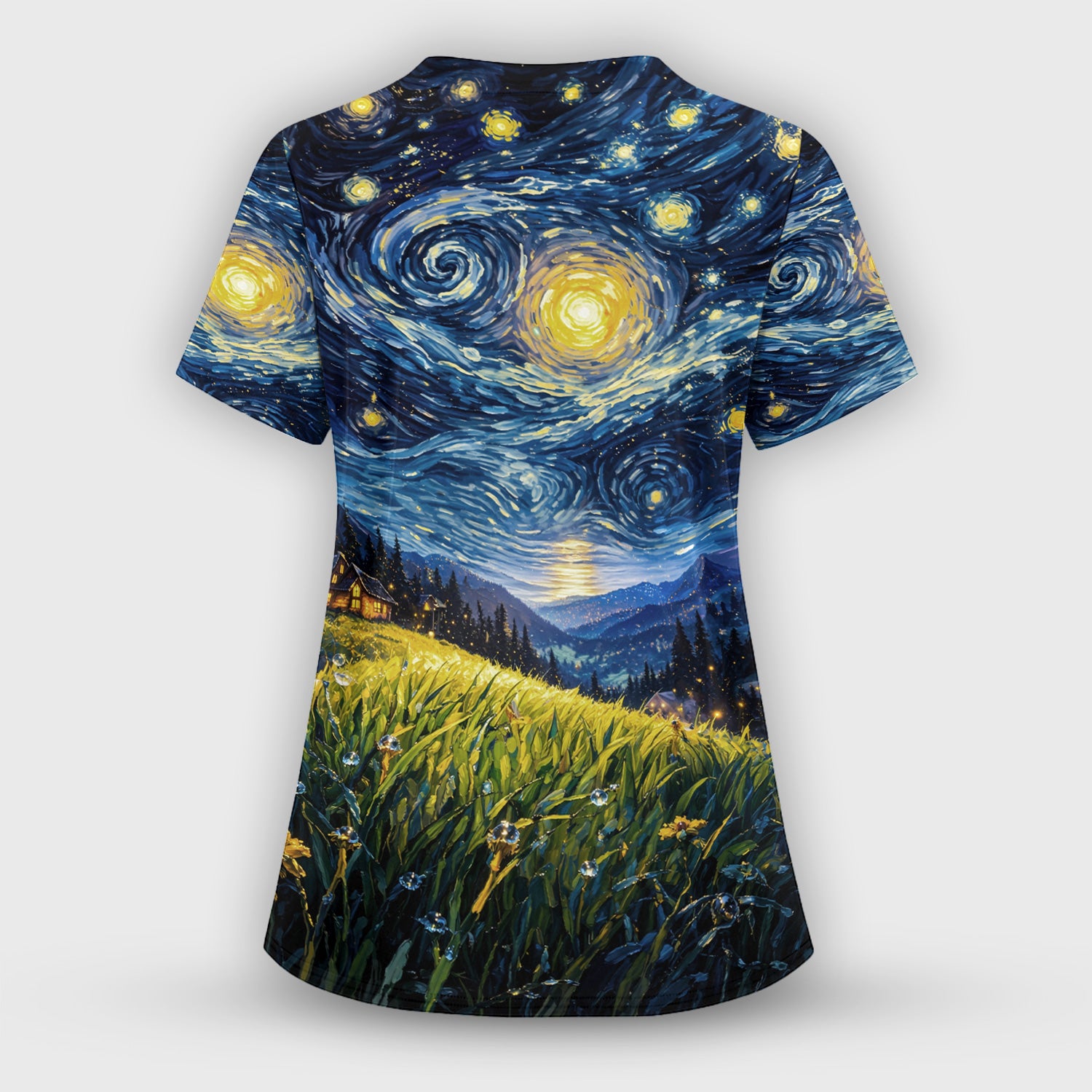 Swirl Night Sky Ladybug Landscape Art Print Scrub Top, Artistic Nature Nursing Uniform for Women