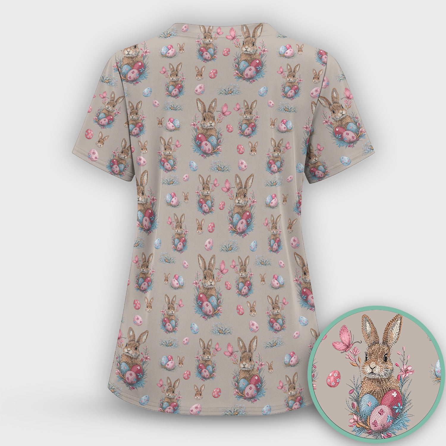 Pastel Easter Bunny Nest Pattern Scrub Top, Comfortable Scrubs for Nurses