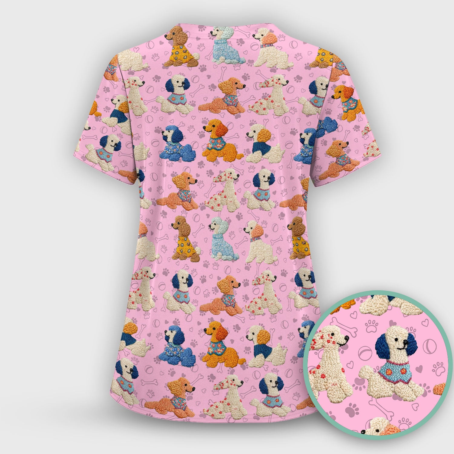 Cute Colorful Poodle Pattern Scrub Top, Comfortable Scrubs for Nurses