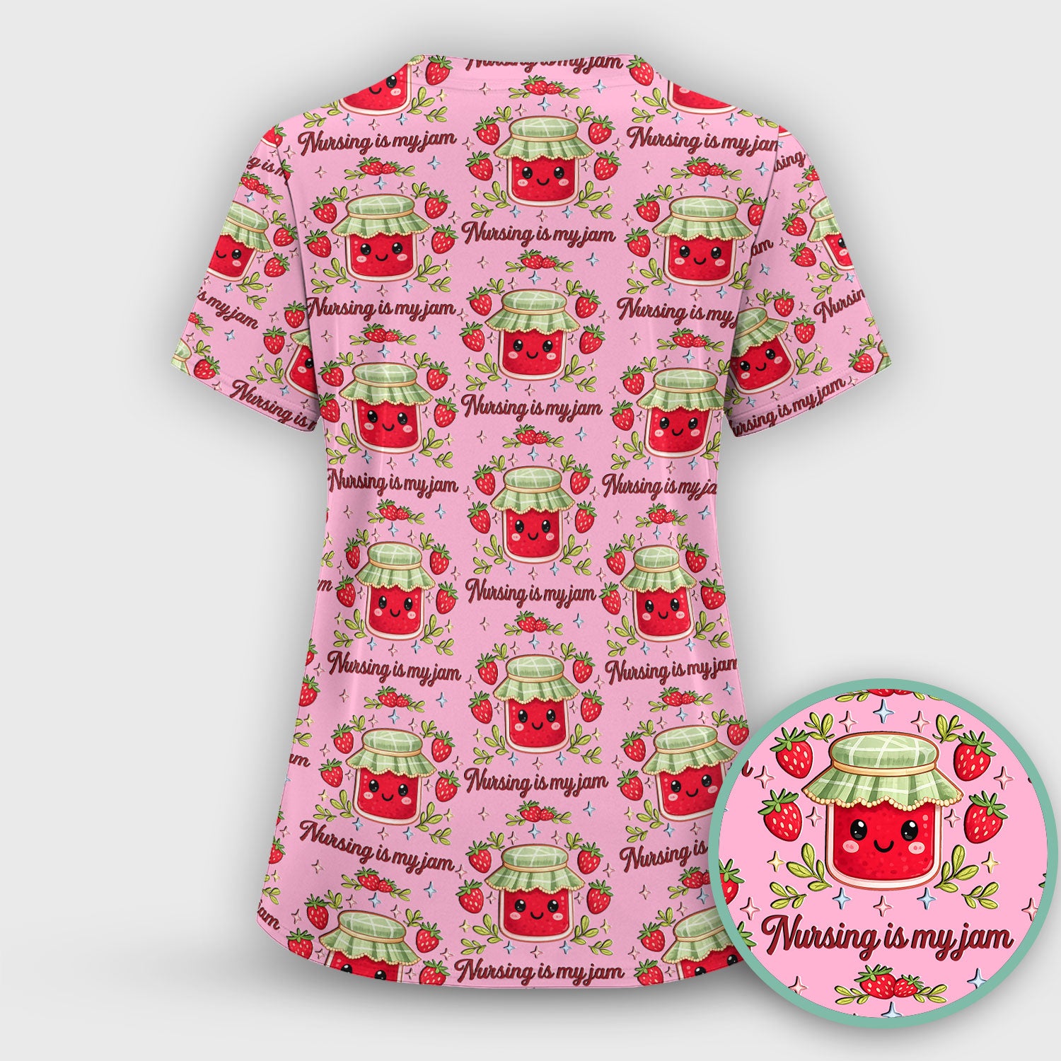 Cute Strawberry Jam Nurse Pattern Scrub Set, Breathable Med Uniform