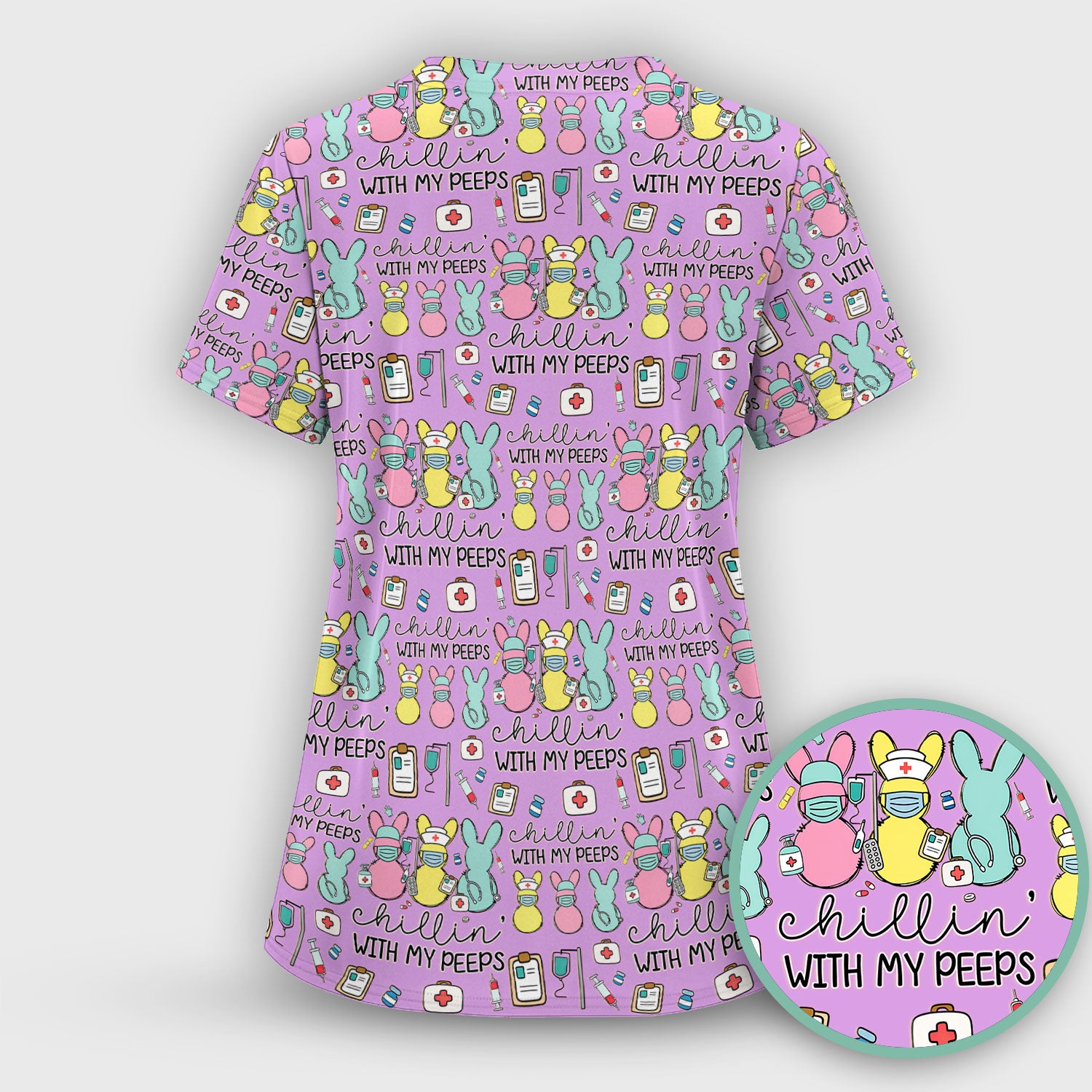 Cute Bunny Nurse Chillin With My Peeps Scrub Top, Comfortable Scrubs for Nurses, Easter