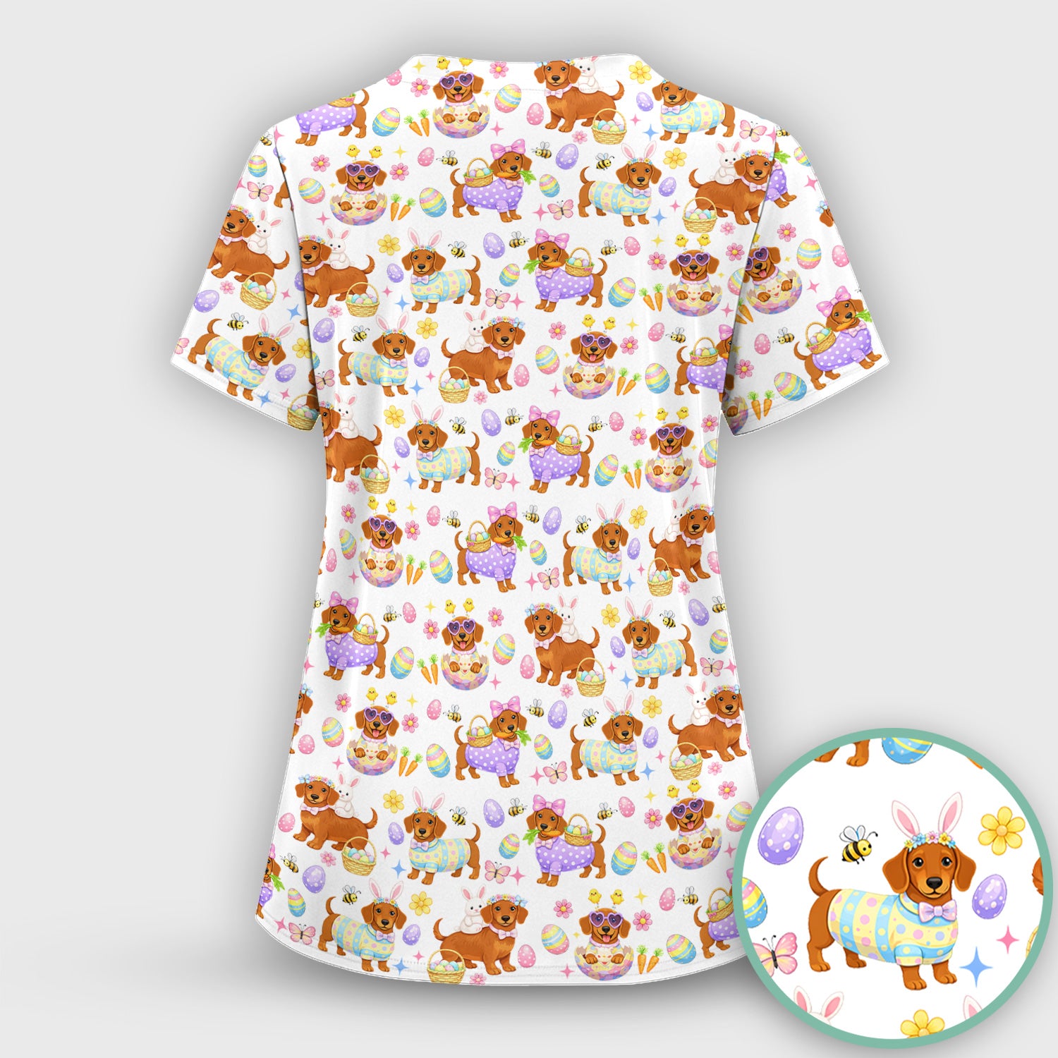 Cute Easter Dachshund Dog Pattern Scrub Top, Breathable Healthcare Uniform Top