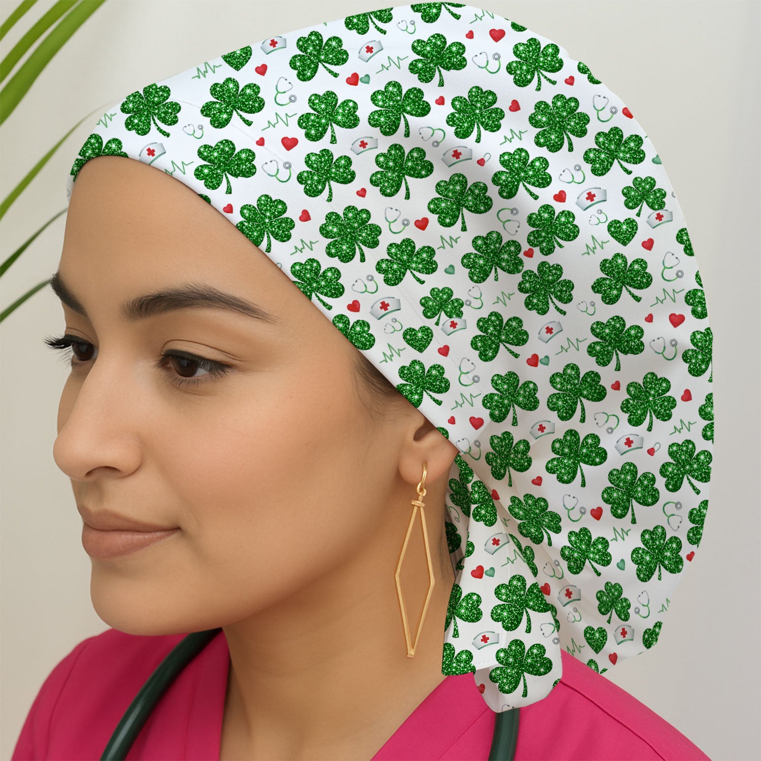 St. Patrick’s Day Nurse Scrub Cap, Green Clover Medical Pattern Hat, Breathable Fabrics Nursing Uniform