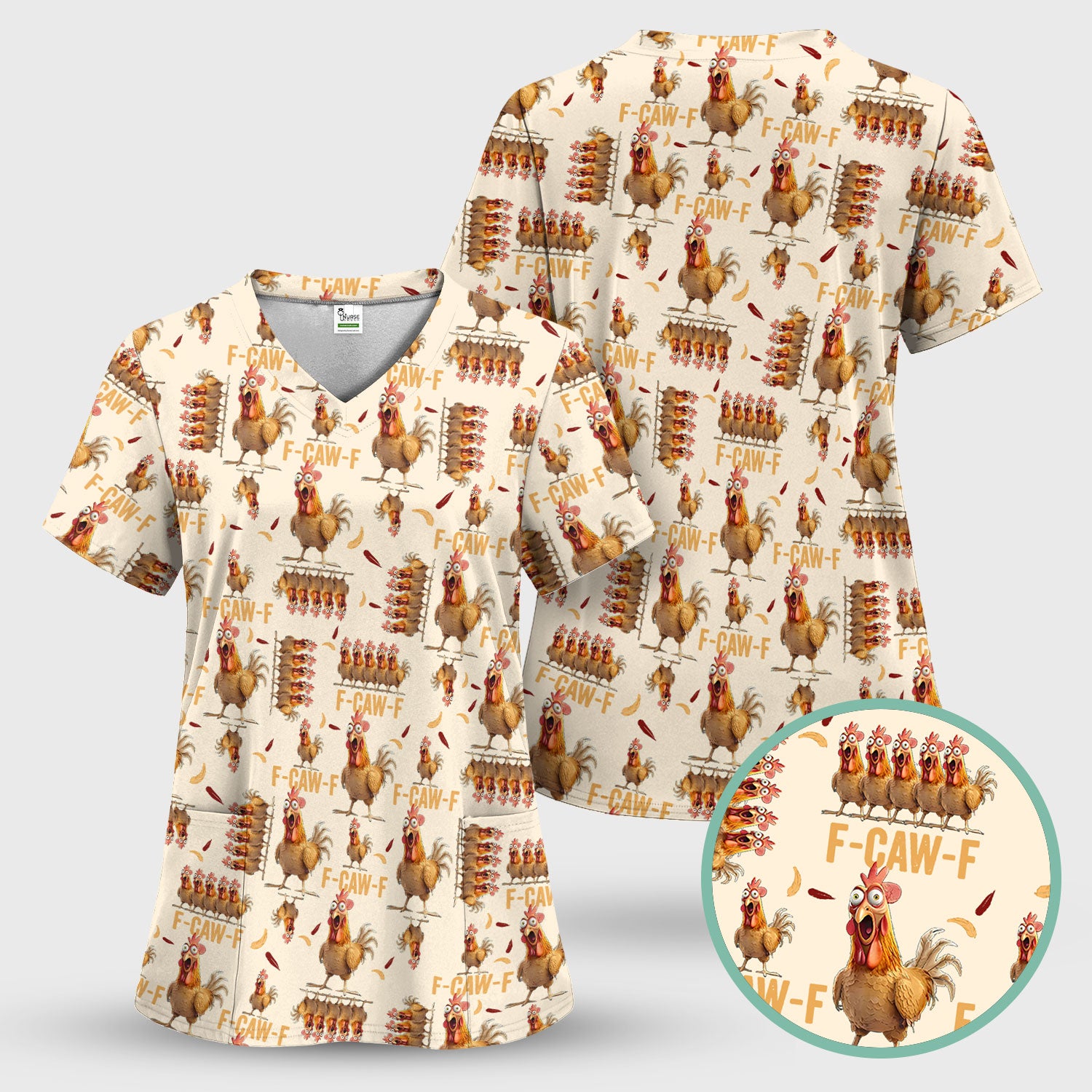Funny Chicken Nurse Scrub Top for Women - Crazy Rooster F-CAW-F Medical Shirt - Quirky Farm Animal Nursing Uniform Gift RN LPN CNA