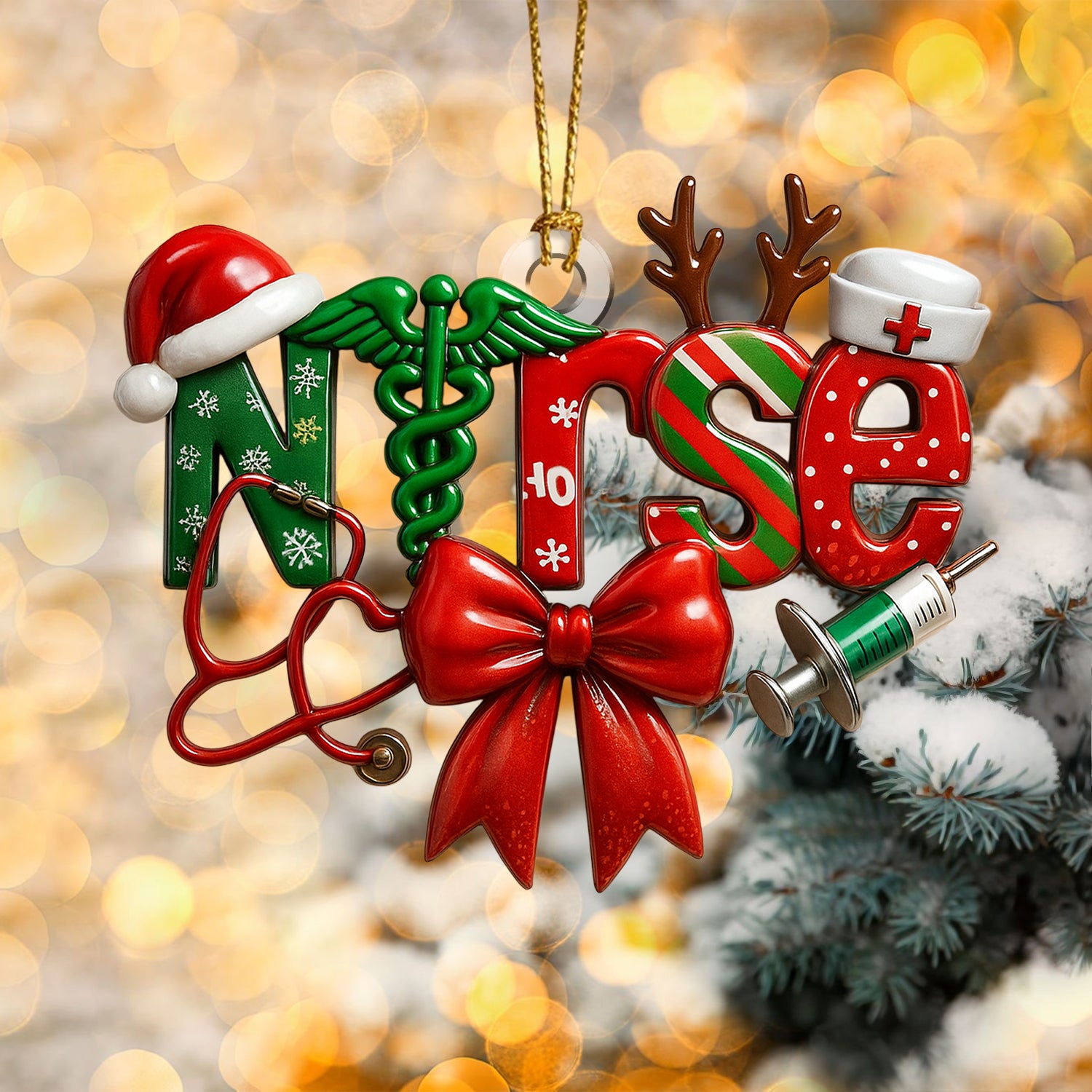 Funny Nurse Christmas Ornament, Xmas Medical Ornament with Stethoscope and Syringe, Holiday Gift for RN, LPN, CNA, Doctor