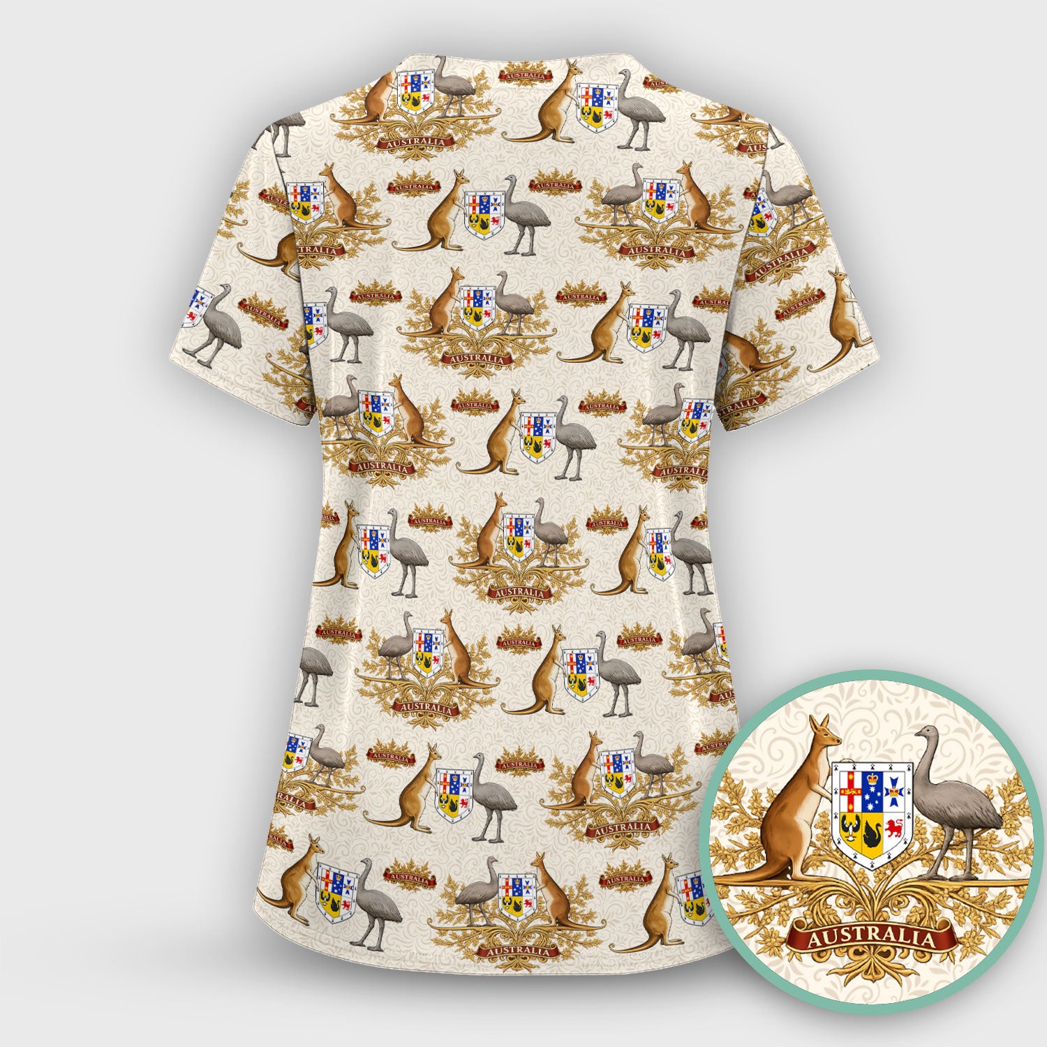 Australian Kangaroo Emu Crest Pattern Scrub Top, Comfortable Scrubs for Nurses