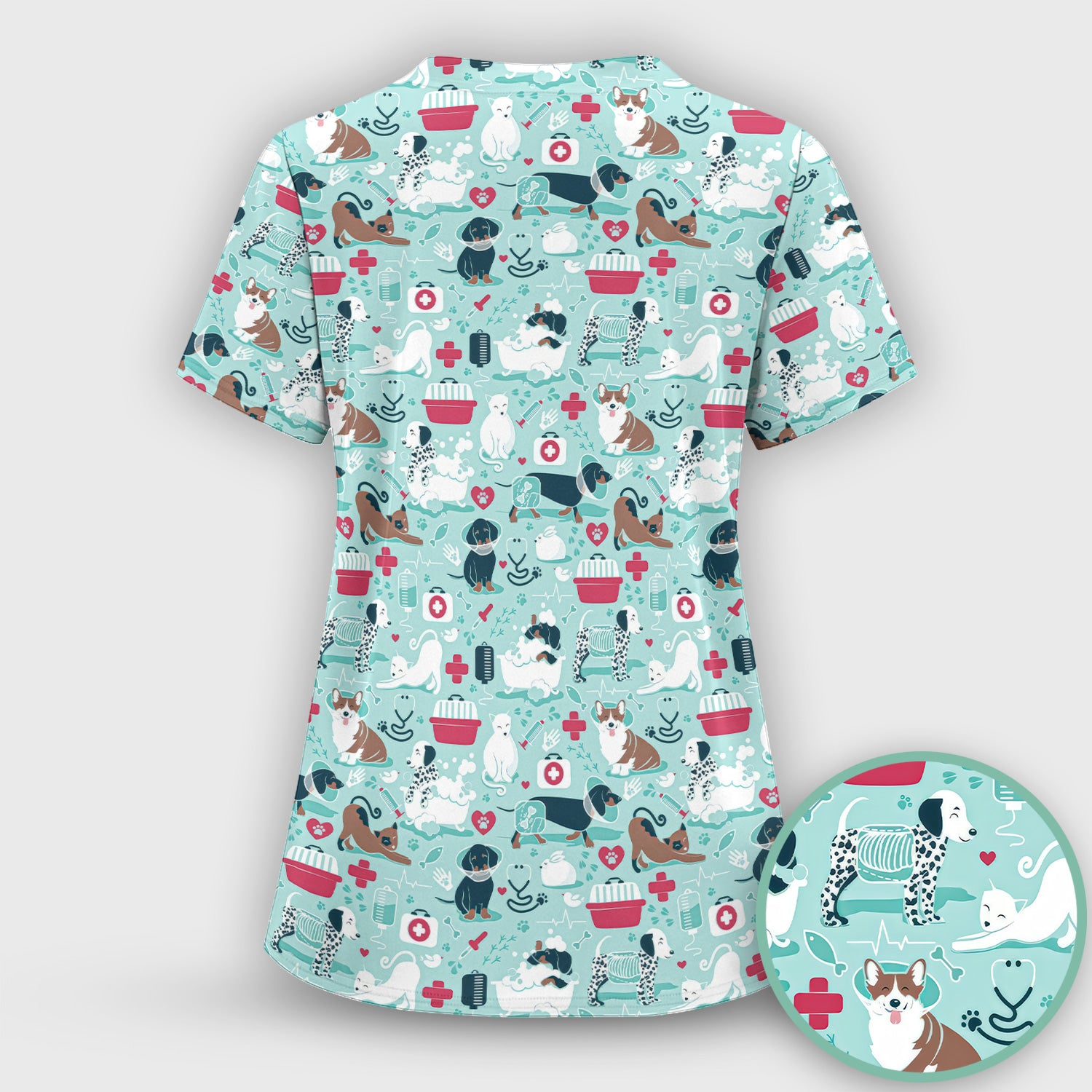 Dogs With Veterinary Tools And Paw Print Scrub Set, Breathable Med Uniform