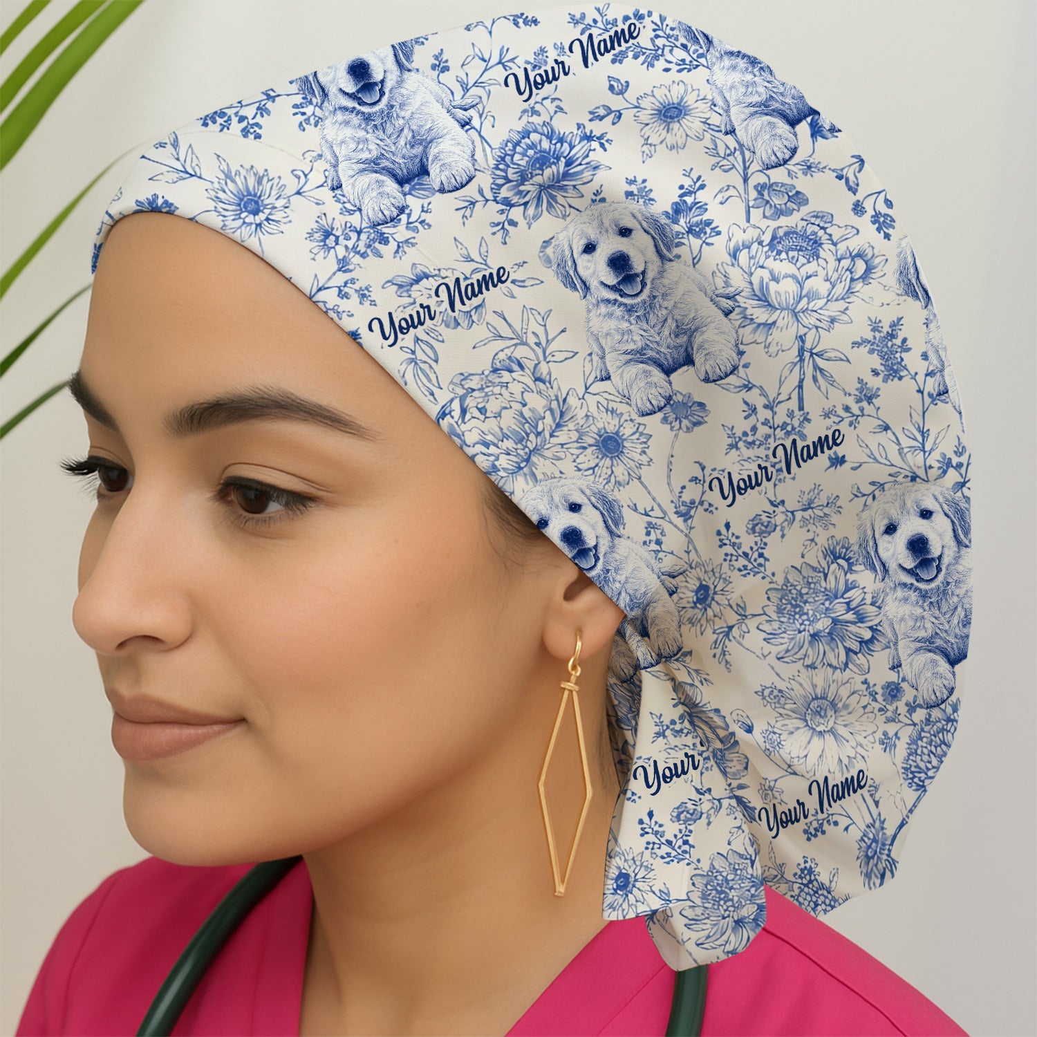 Personalized Custom Pet Photo Name Floral Pattern Scrub Cap, Surgical Caps for Doctors