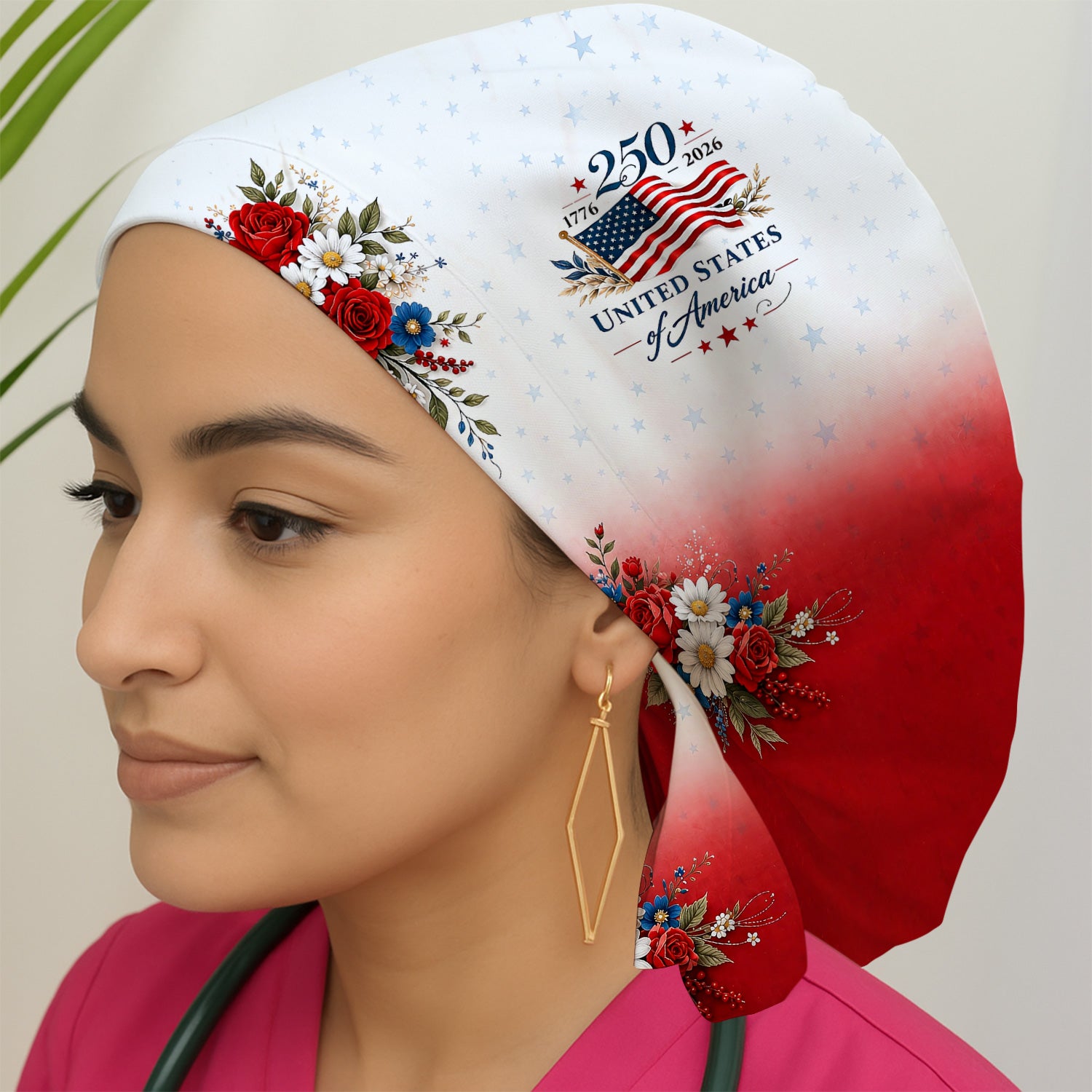 Patriotic 250th Flag Floral Pattern Scrub Cap, Surgical Caps for Doctors