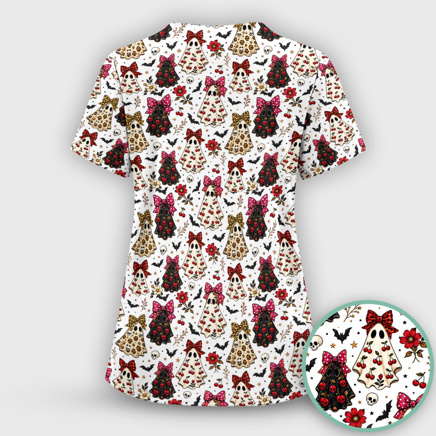 Spooky Halloween Ghost Pattern Scrub Set, Scrub Pants and V Neck Top