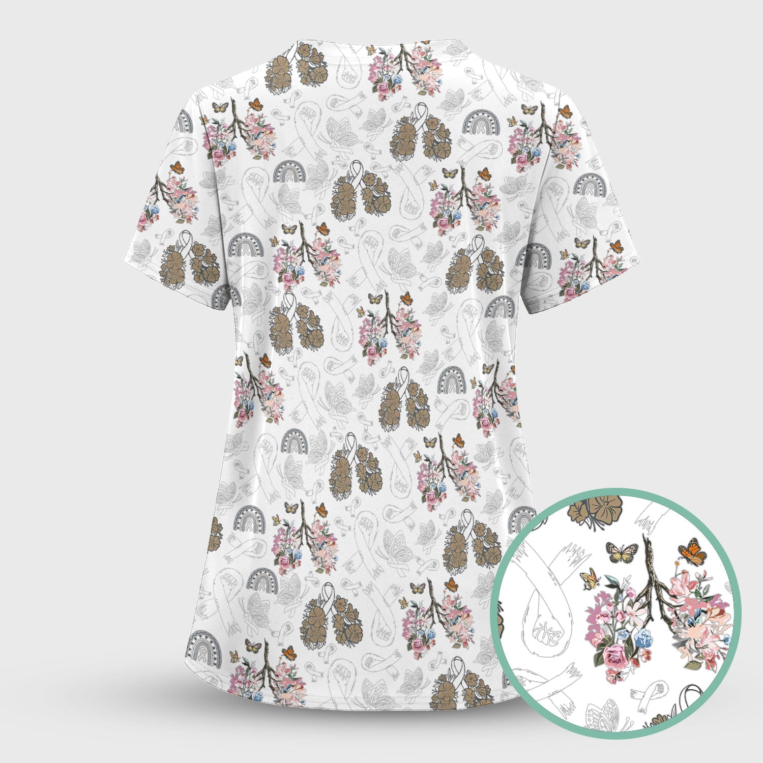 Lung Cancer Awareness Nurse Scrub Top - White Ribbon Butterfly Floral Medical Uniform - Comfortable V-Neck Nursing Shirt Gift