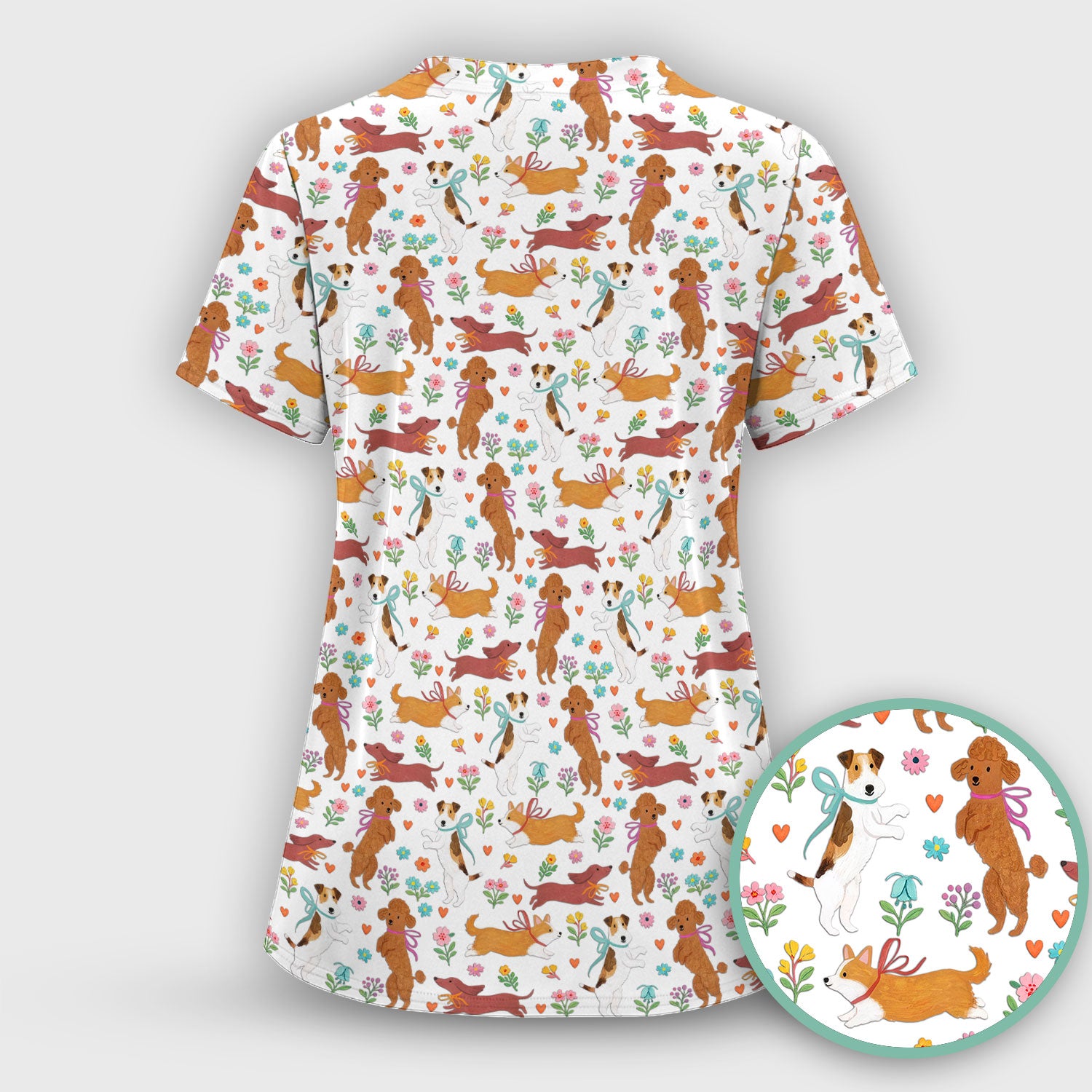 Cute Cartoon Dog Print Nurse Scrub Top, Comfortable Scrubs for Nurses