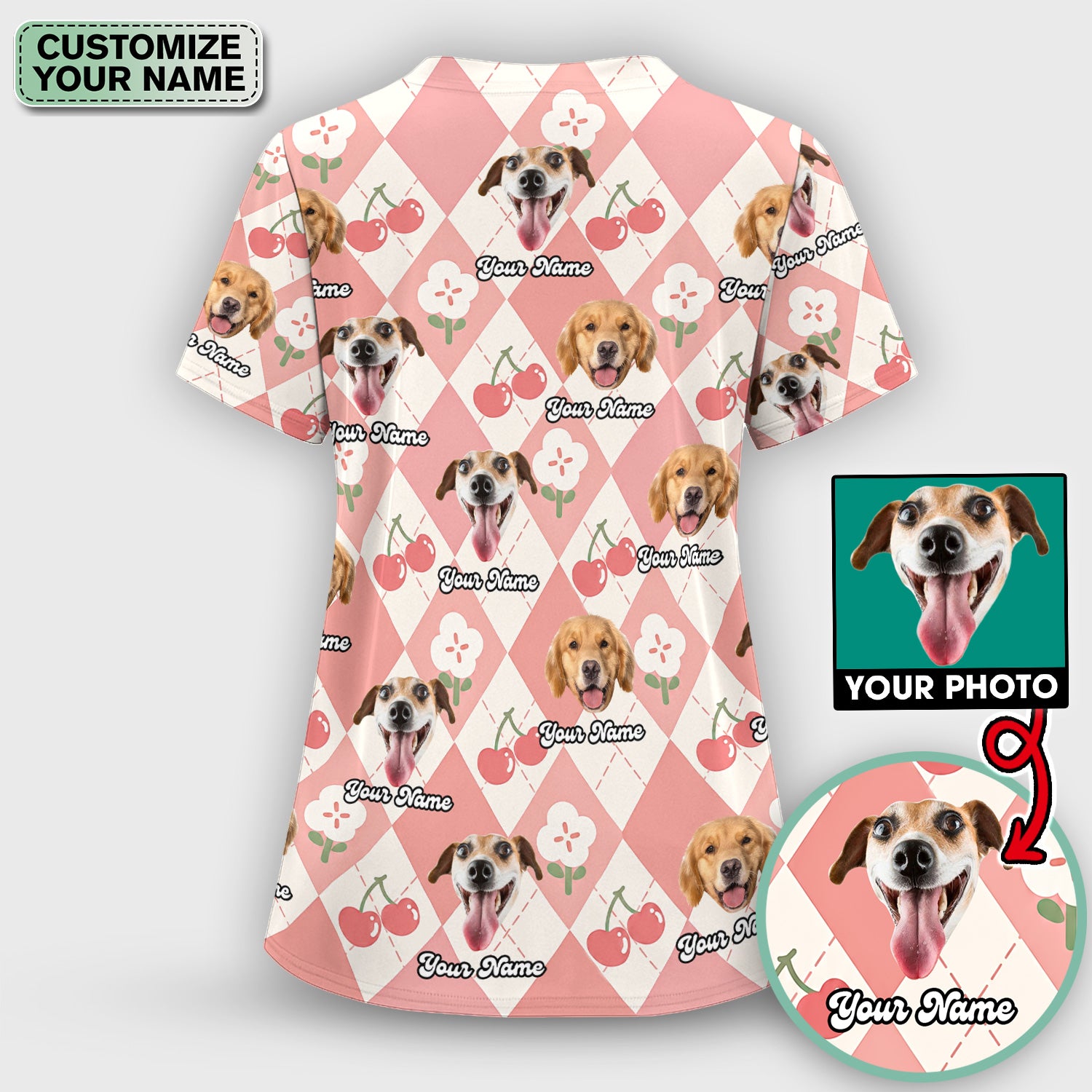 Custom Dog Face Scrub Set, Playful Dog Cherry Argyle Pattern Shirt, Breathable Fabrics Nursing Uniform