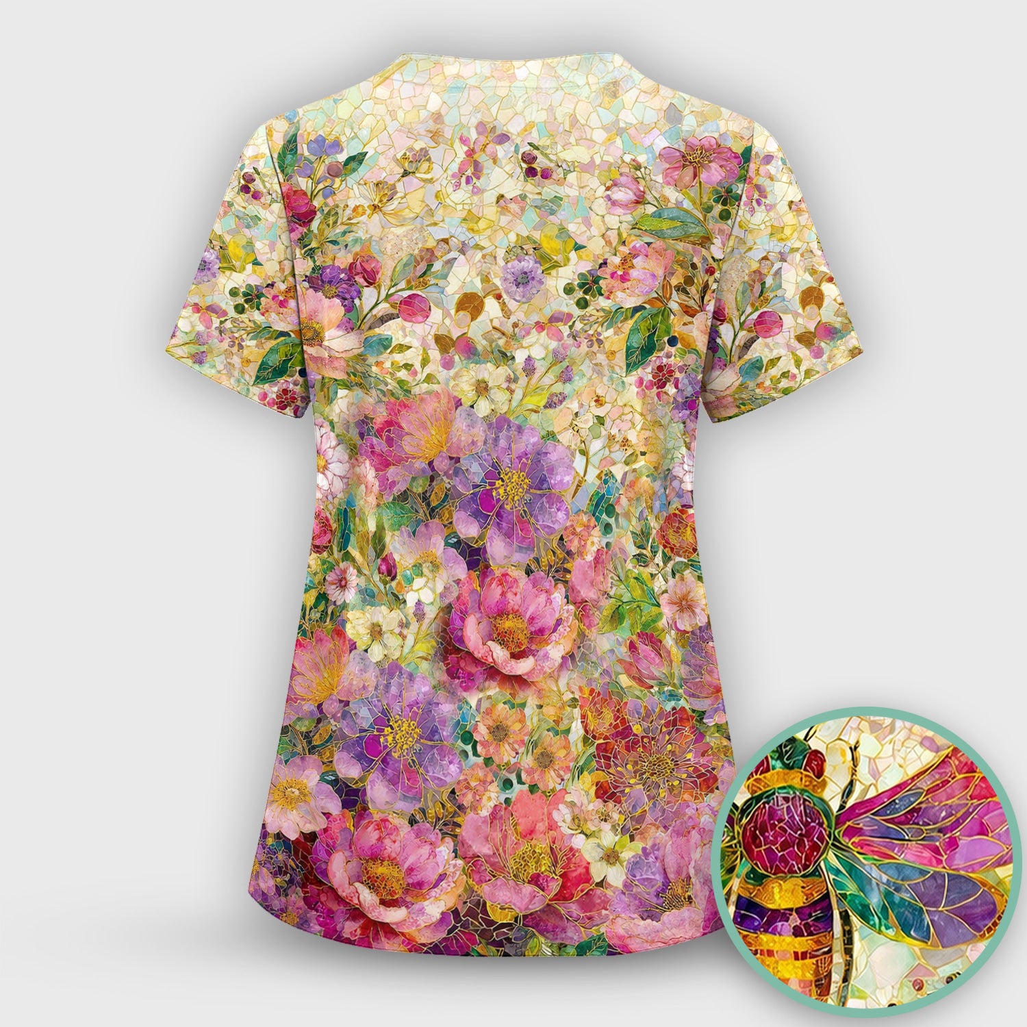 Vibrant Mosaic Bee Nurse for RN, CNA, Floral Garden Medical Scrub Top, Comfortable Scrubs for Nurses