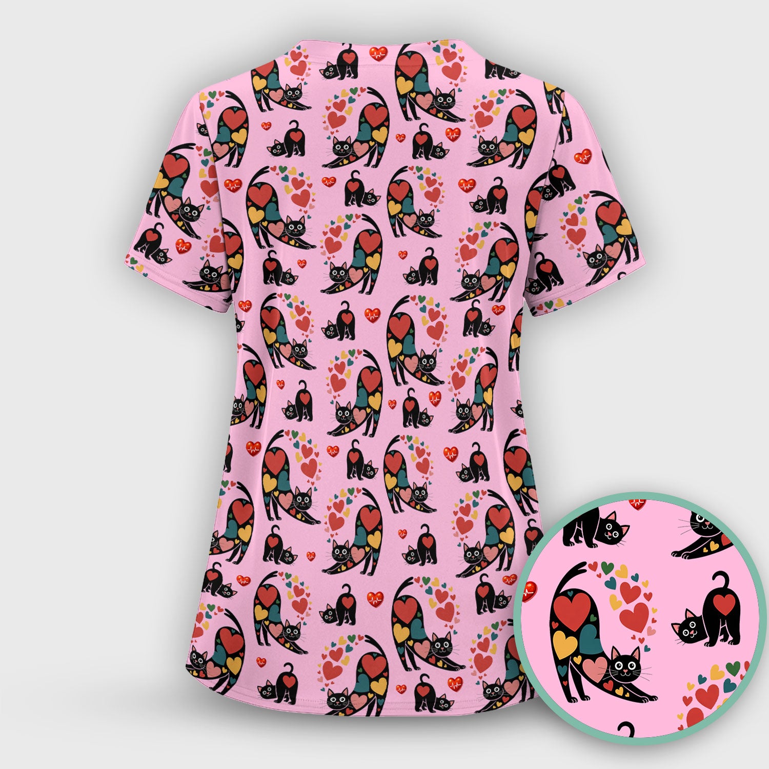 Playful Cat Valentine Heart Print Nurse Scrub Top, Comfortable Scrubs for Nurses