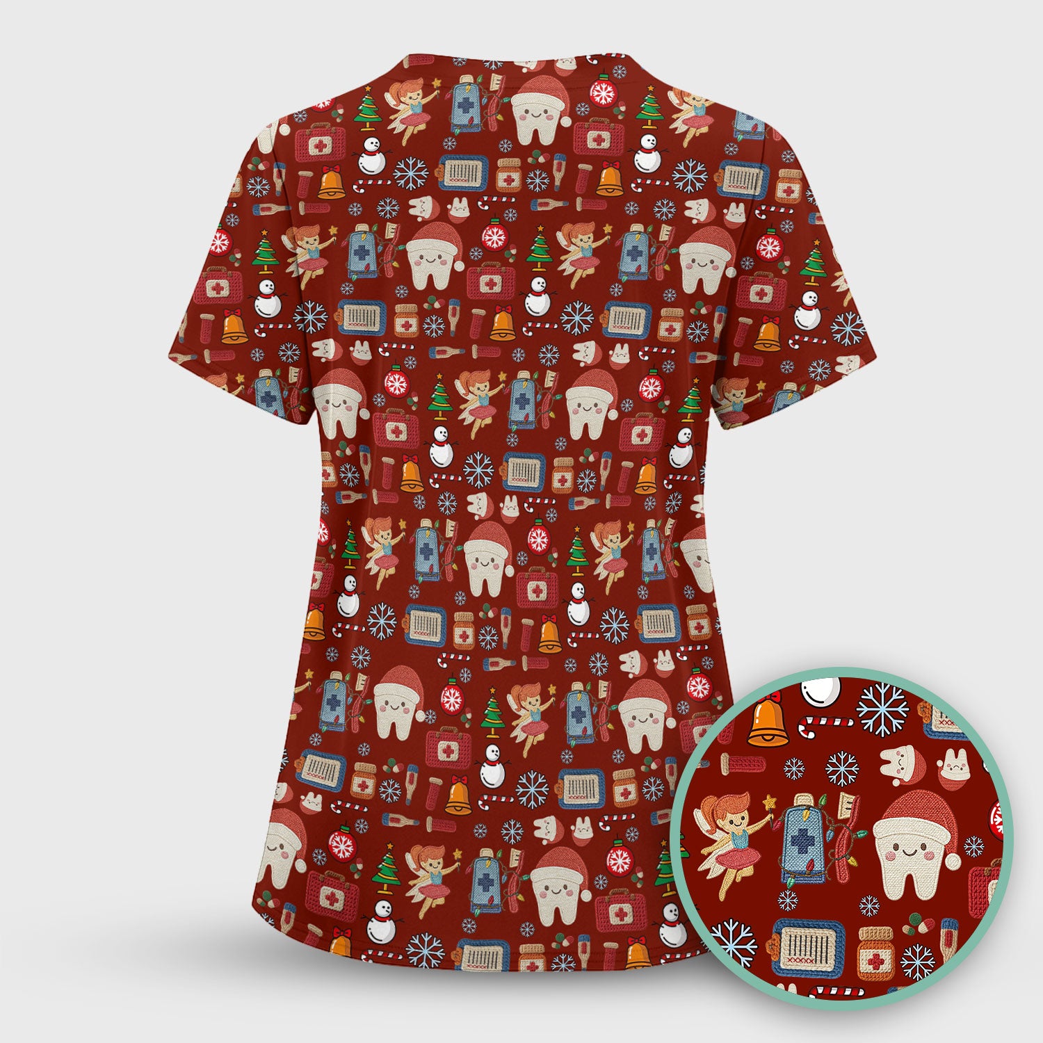 Christmas Dental Scrub Top - Cute Santa Tooth & Snowman Shirt - Festive Holiday Medical Uniform for Dentists, Hygienists & Nurses