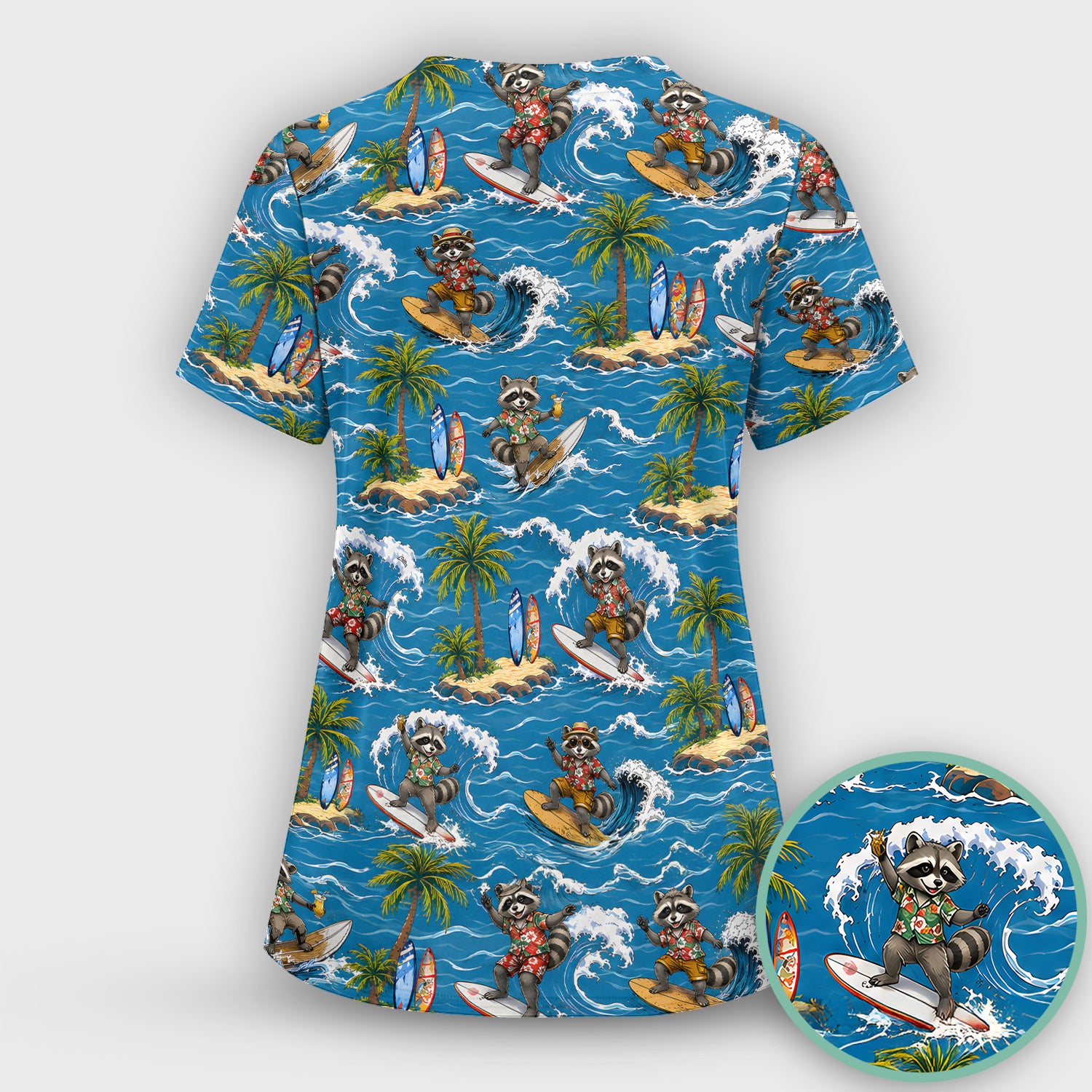 Tropical Surfing Raccoon Island Pattern Scrub Top, Comfortable Scrubs for Nurses