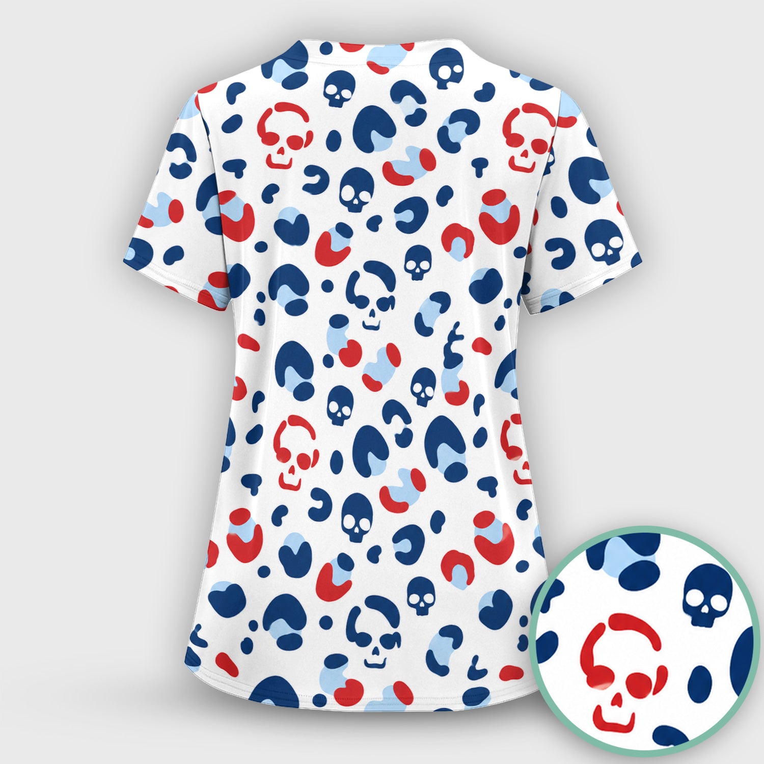 Red Blue Skull Leopard Pattern Scrub Top, Comfortable Scrubs for Nurses