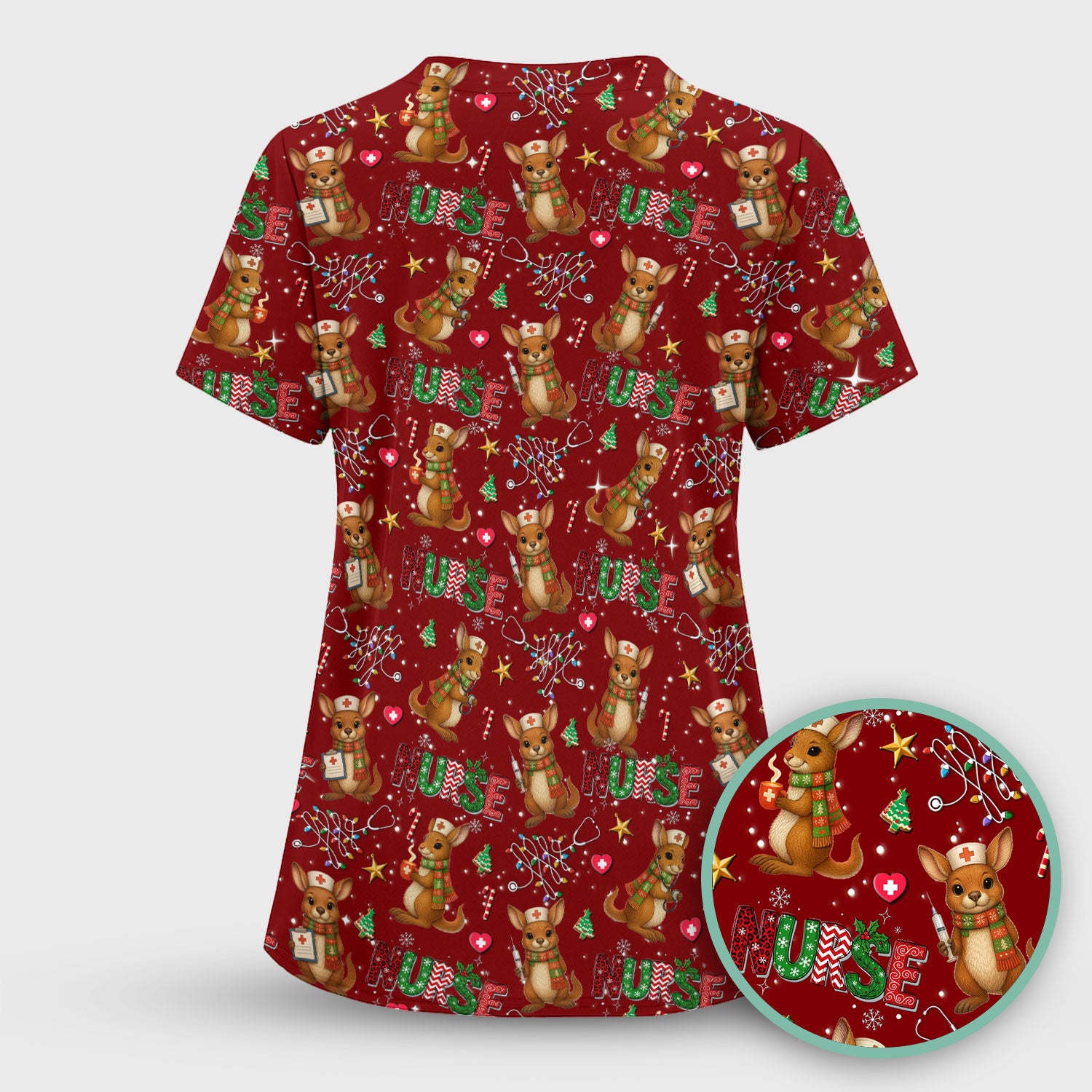 Christmas Kangaroo Nurse Scrub Top - Cute Aussie Holiday Medical Uniform - Funny Xmas Scrubs for Women