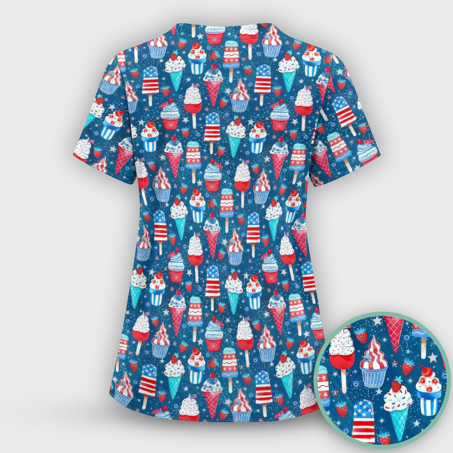 Cute Patriotic Ice Cream Popsicles With USA Flag Dessert Scrub Set, Scrub Pants and V Neck Top