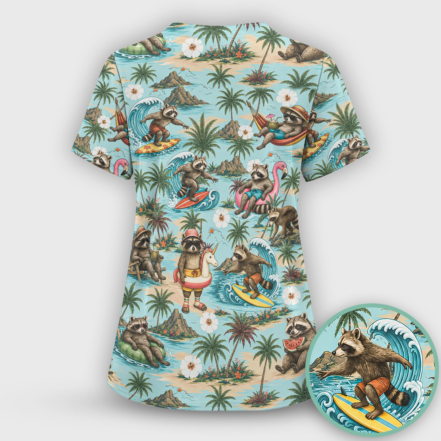 Tropical Raccoon with Surfing Island Beach Print Scrub Top, Comfortable Scrubs for Nurses