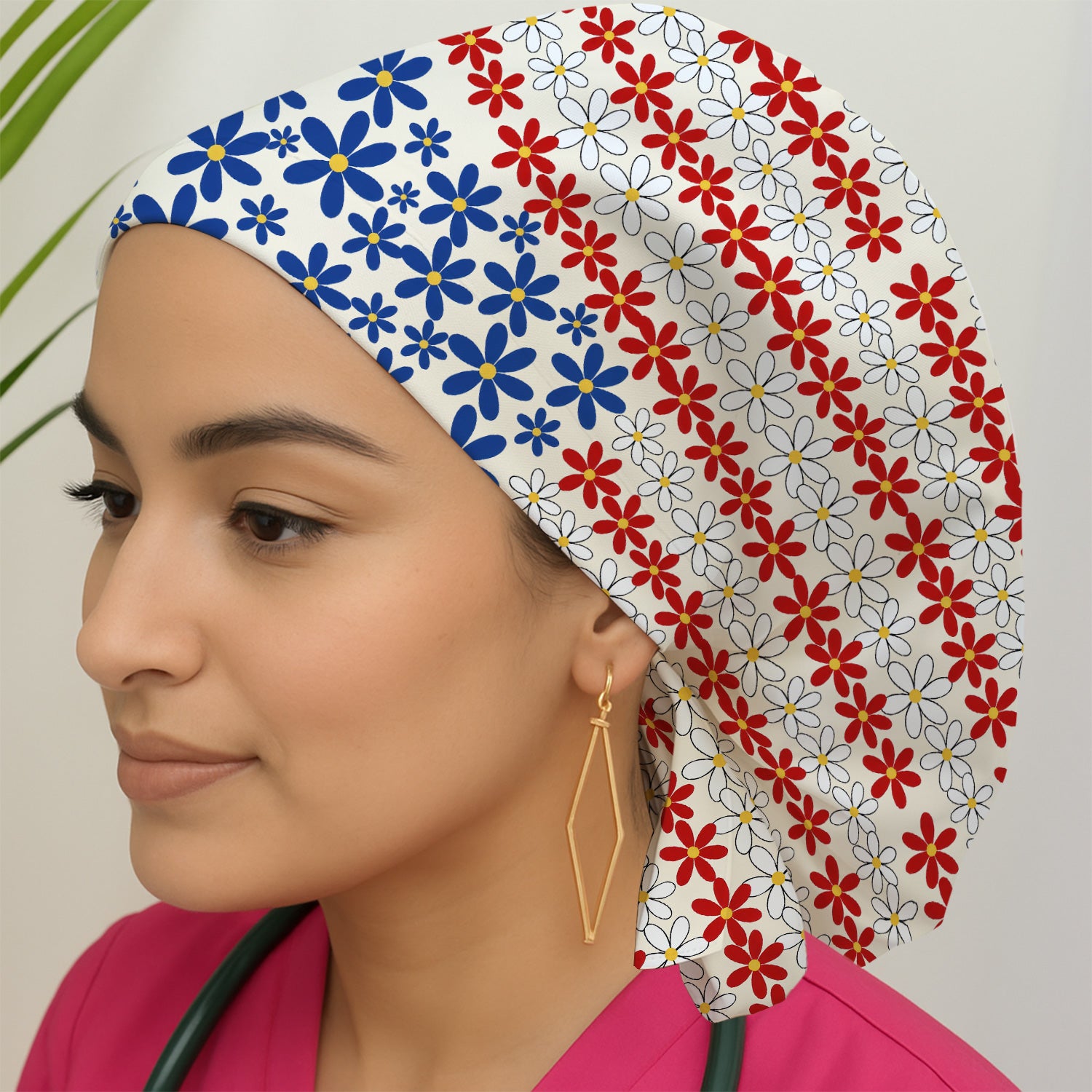 Retro Red Blue Daisy Stripe Pattern Scrub Cap, Surgical Caps for Doctors