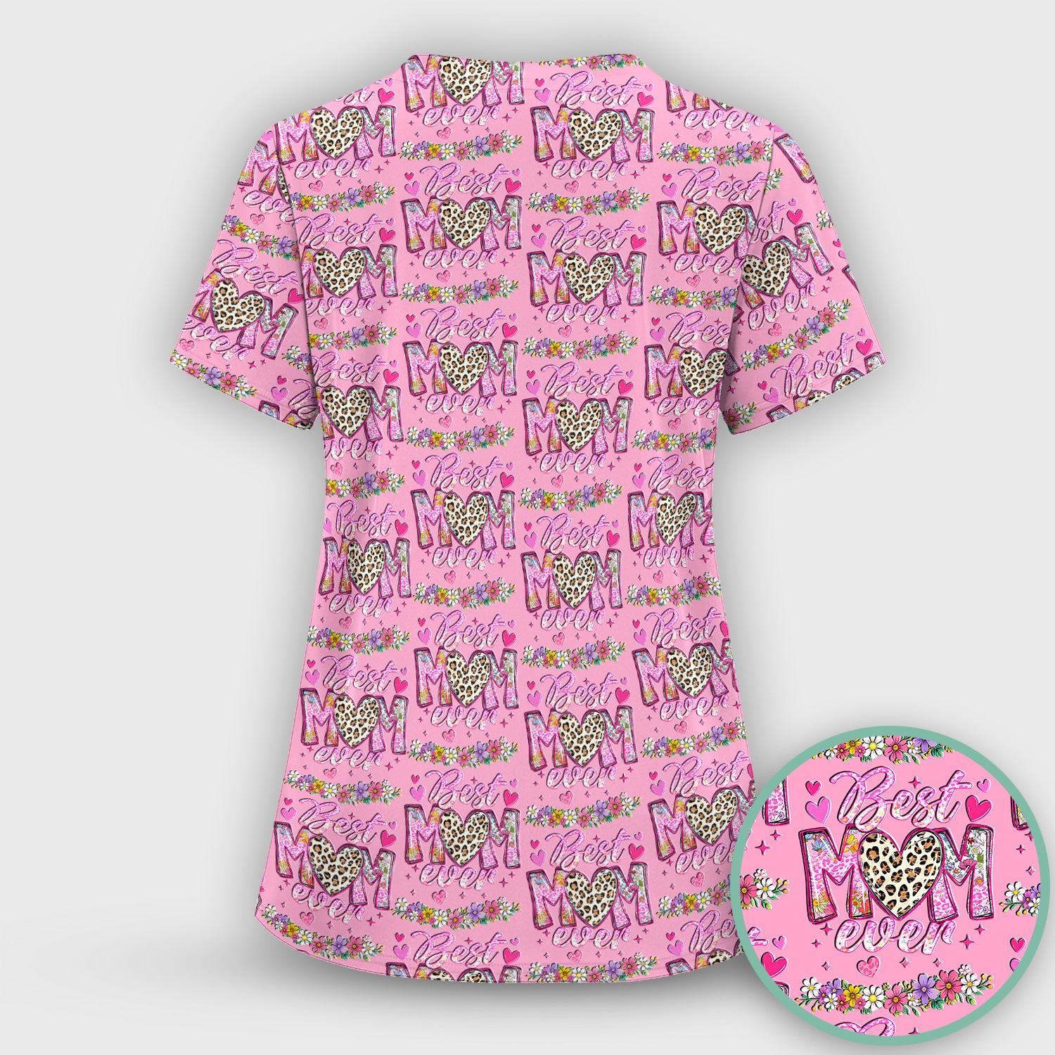 Best Mom Ever Leopard Heart Floral Pattern Scrub Set, Nurse Uniform Scrubs Set