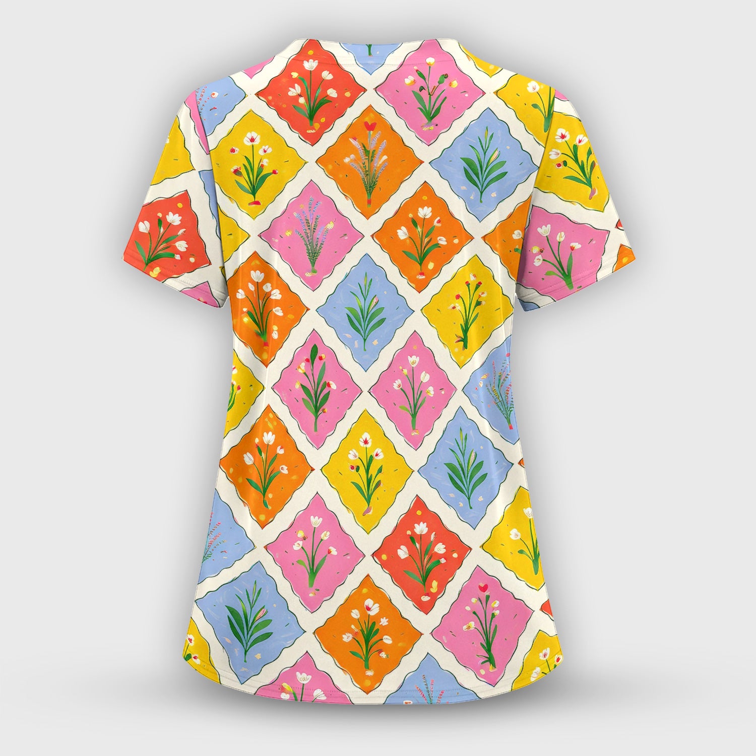Cute Colorful Floral Tile Pattern Scrub Set, Women's Scrub Sets