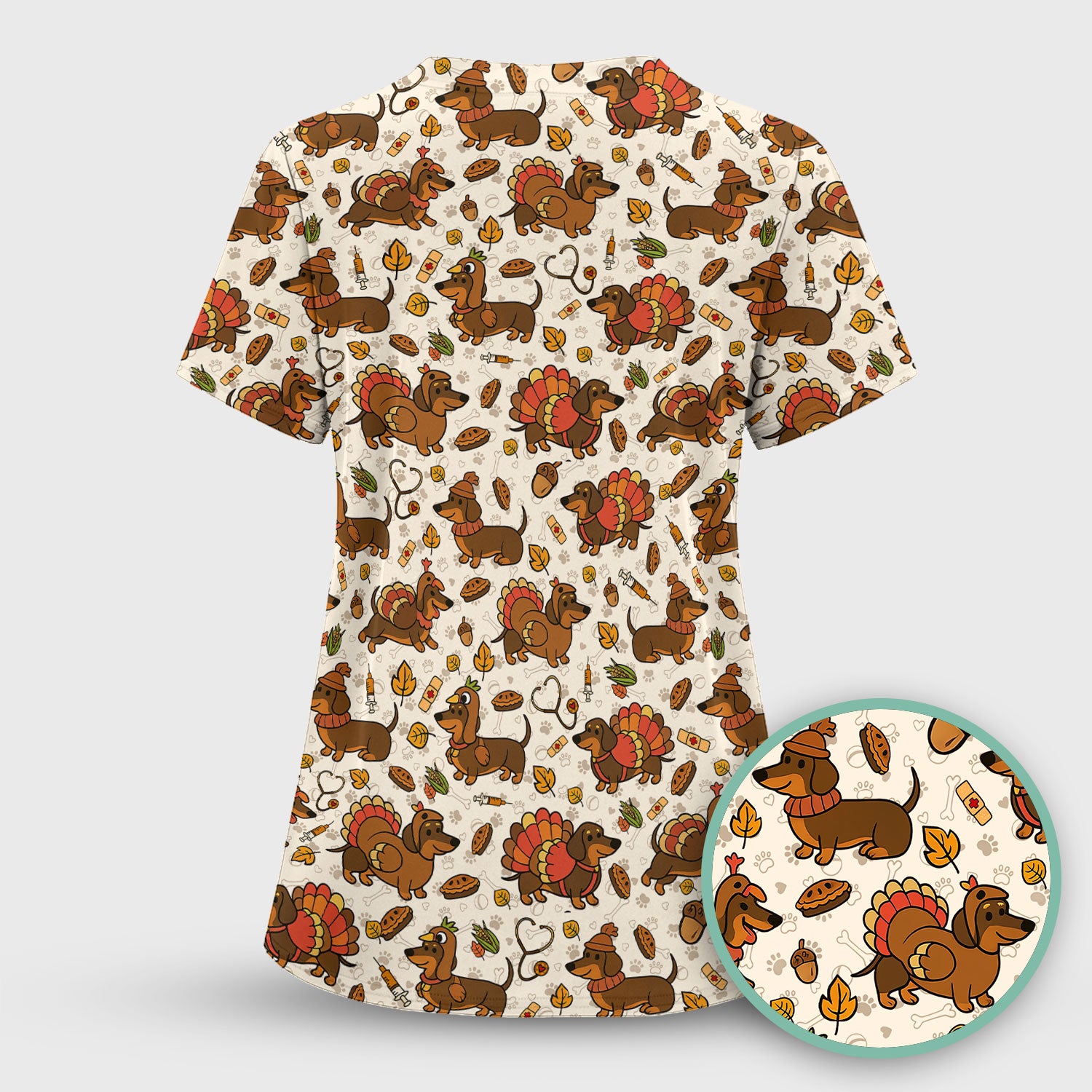 Thanksgiving Wiener Dog Scrub Top - Funny Dachshund TurkeChicken Nurse Shirt for Women - Cute Holiday Medical Uniform